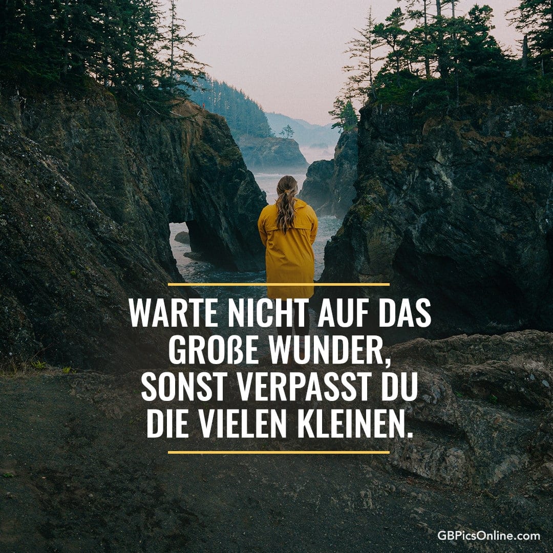 Warte nicht auf das große Wunder, Wanderin, Gelbe Regenjacke, Bucht, Wald, Motivationsspruch, Tablet-Hintergrundbild