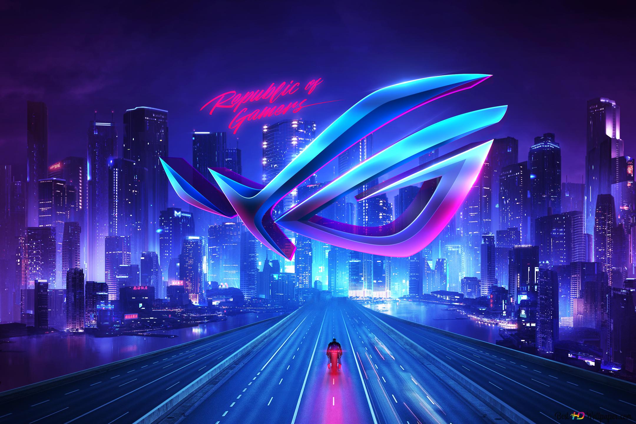 ASUS ROG, Republic of Gamers, Logo, Stadt, Synthwave, Neon, Full-HD-Hintergrundbild für PC