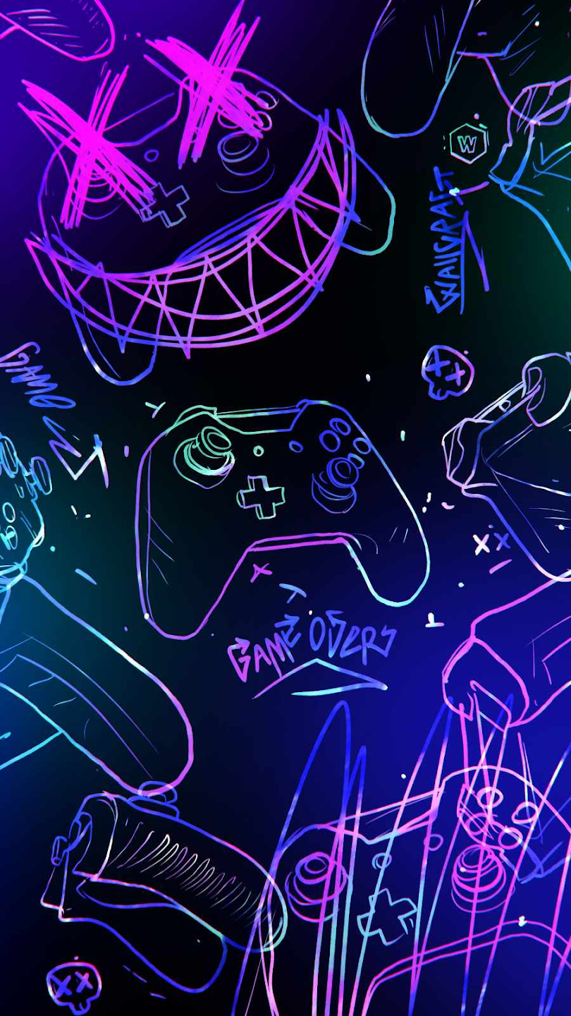 Neon-Doodles, Grinsendes Gesicht, Controller, Lila, Schwarzer Hintergrund, Sperrbildschirm fürs iPhone