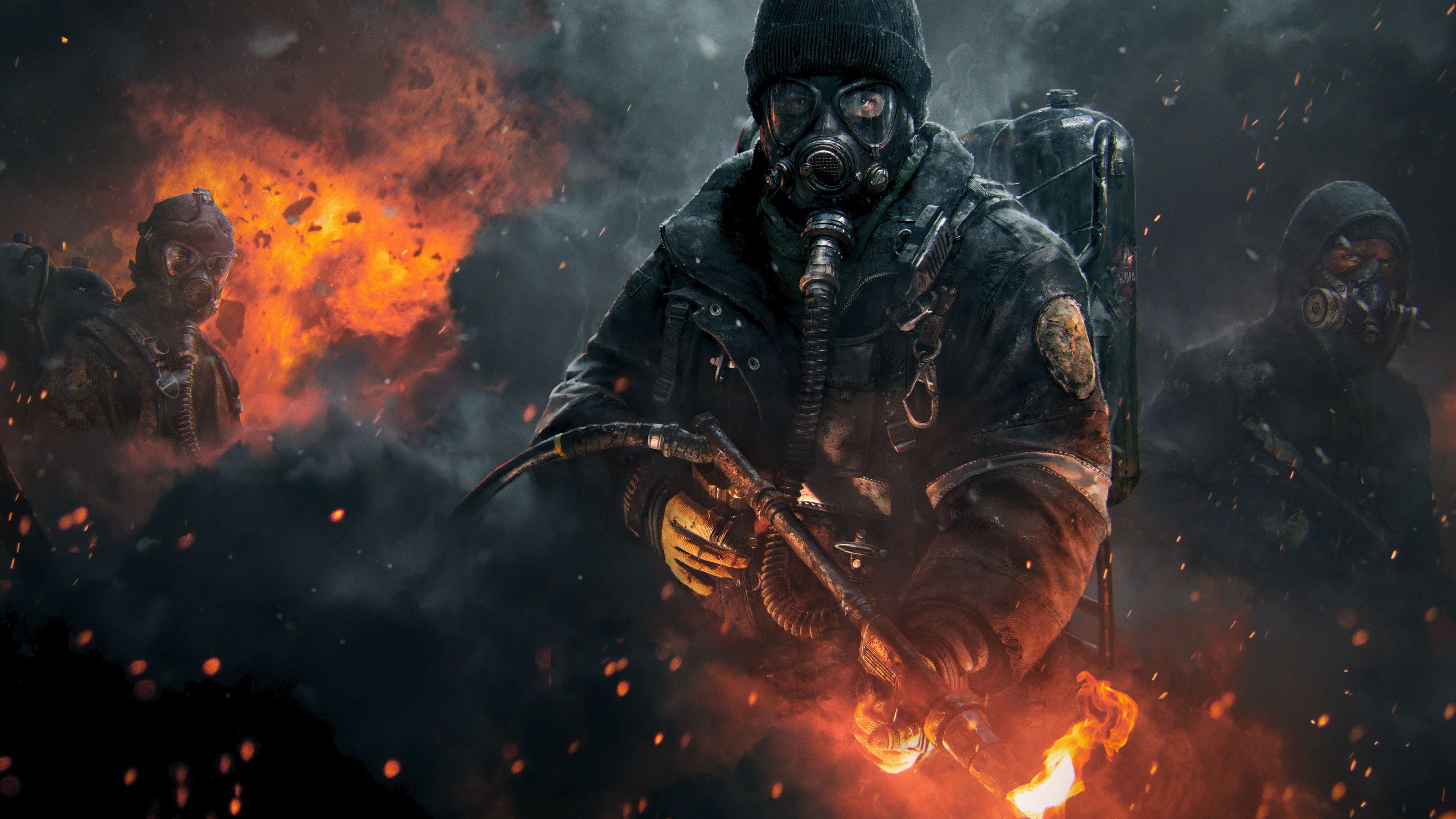 Soldat, Gasmaske, Feuer, Rauch, Dunkel, Krieg, 16:9, 4K-Hintergrundbild für den Desktop