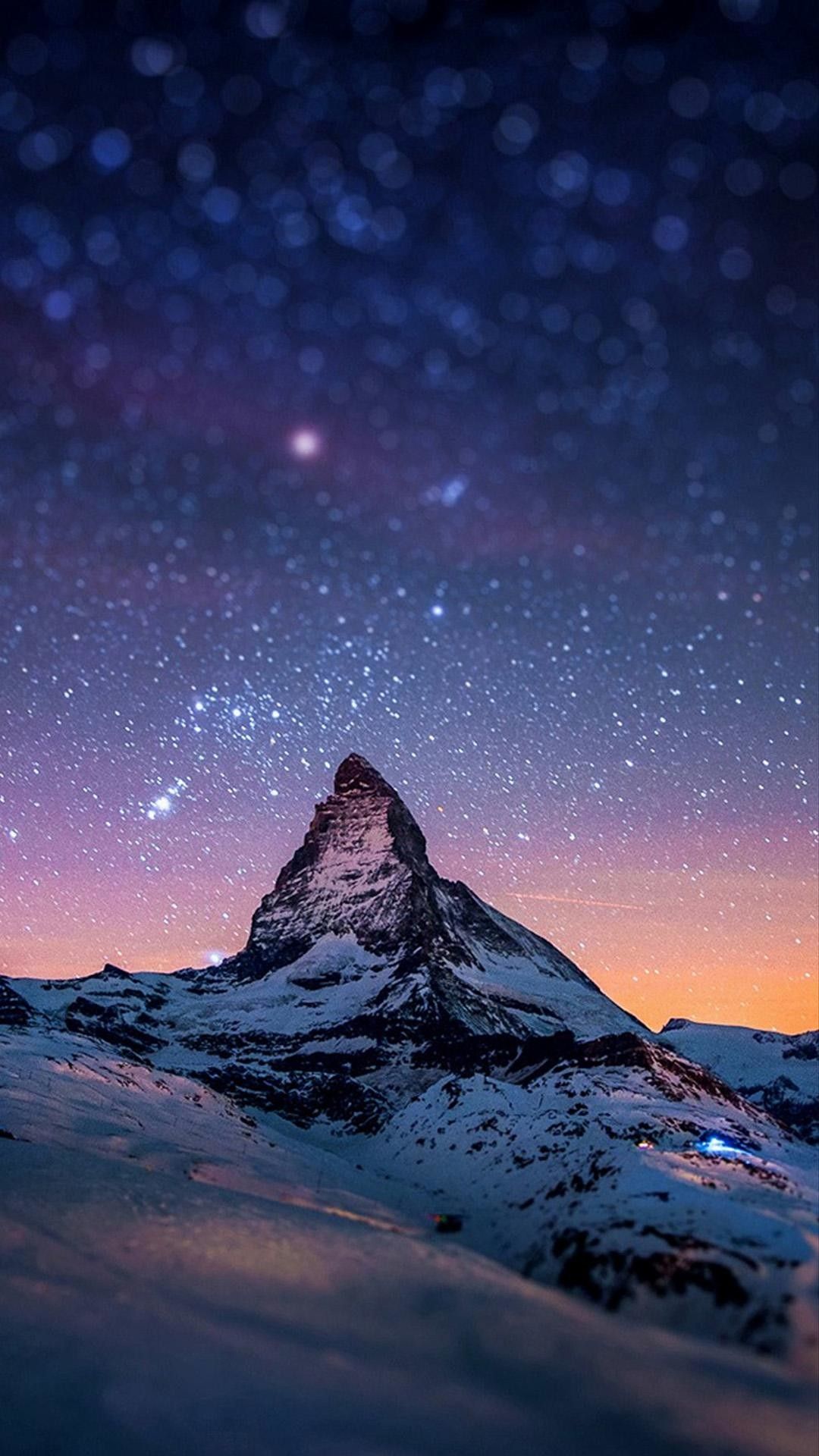 Matterhorn, Alpen, Schweiz, Sternenhimmel, Schnee, Nacht, Full HD, Handy-Hintergrundbild