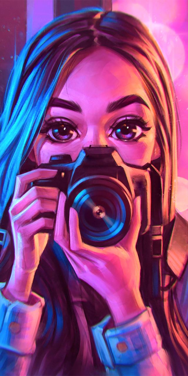 Mädchen, Kamera, Fotografin, Neonlicht, Digitale Kunst, Hintergrundbild für iPhone und Android