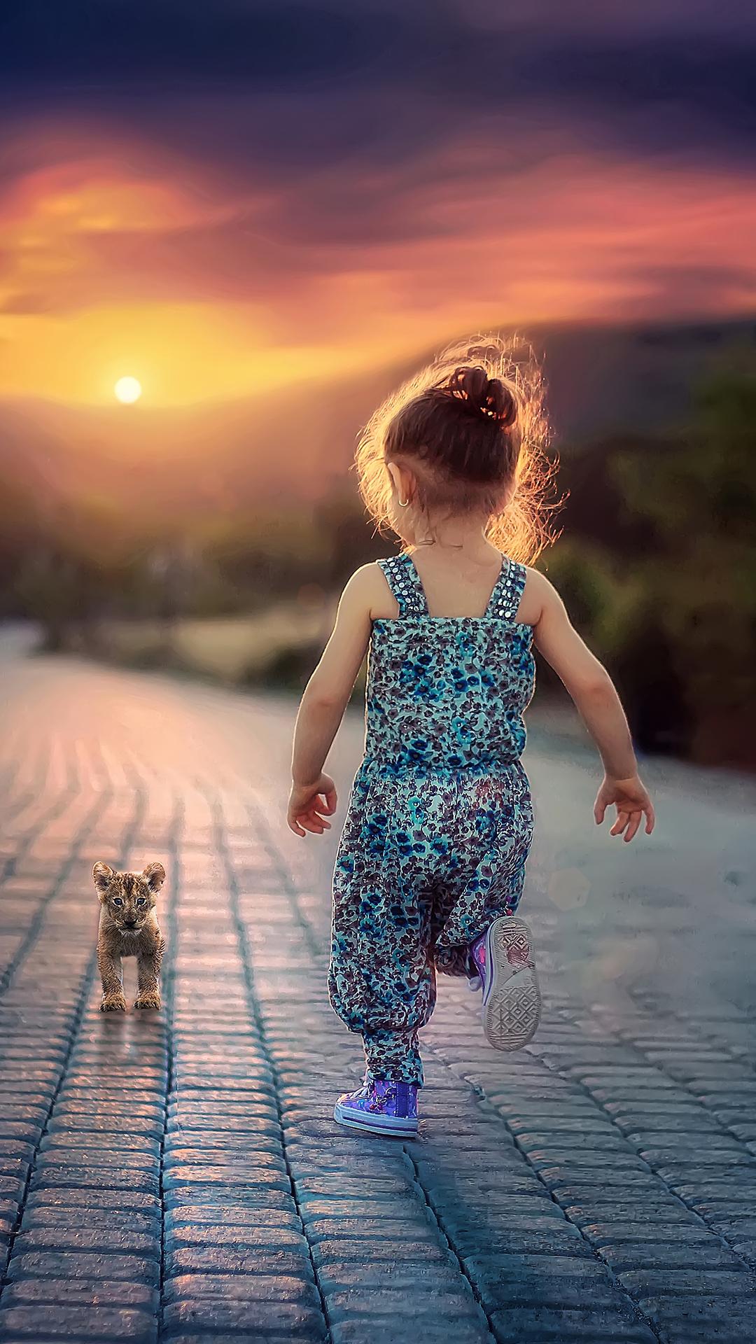 Kleines Mädchen, Hund, Weg, Sonnenuntergang, Rückansicht, Full HD, Handy-Hintergrund