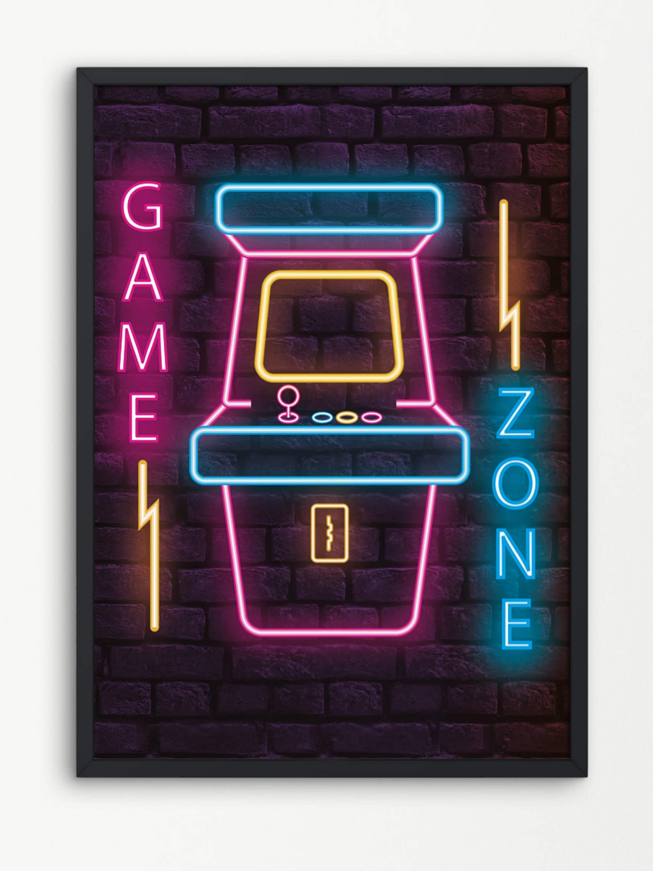 Game Zone, Arcade-Automat, Neonschild, Poster, Backsteinwand, Hintergrundbild fürs Tablet