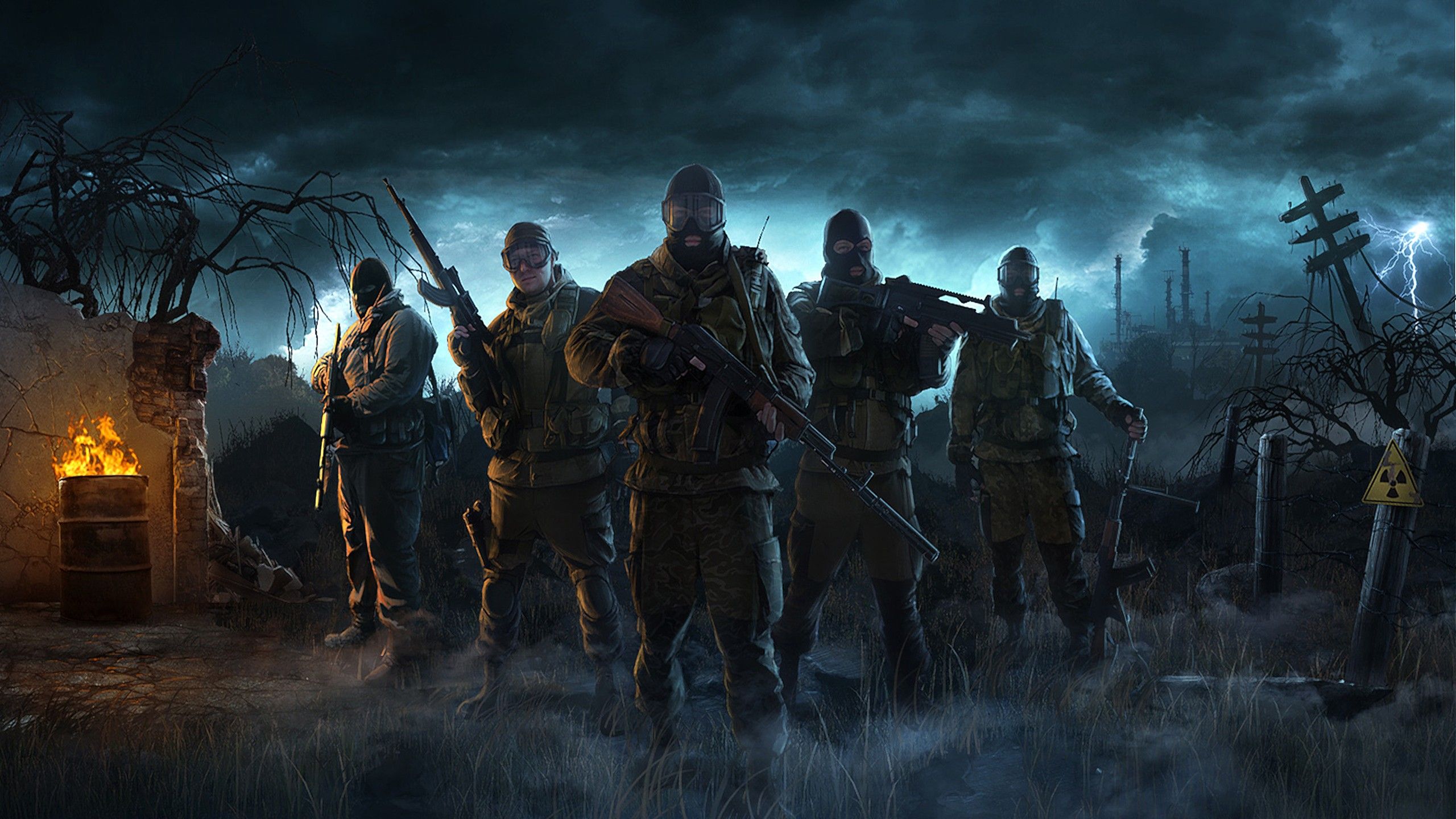 Soldaten, Postapokalyptisch, Ödland, Gewitterhimmel, Dunkel, Strahlungszeichen, 2K-Hintergrundbild