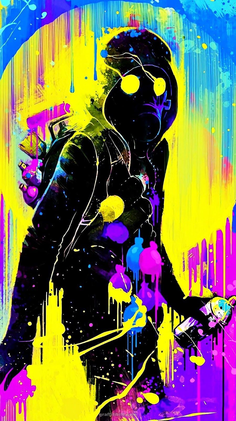 Gasmaske, Graffiti-Stil, Neonfarben, Pop Art, Figur, HD, Hintergrundbild fürs Handy