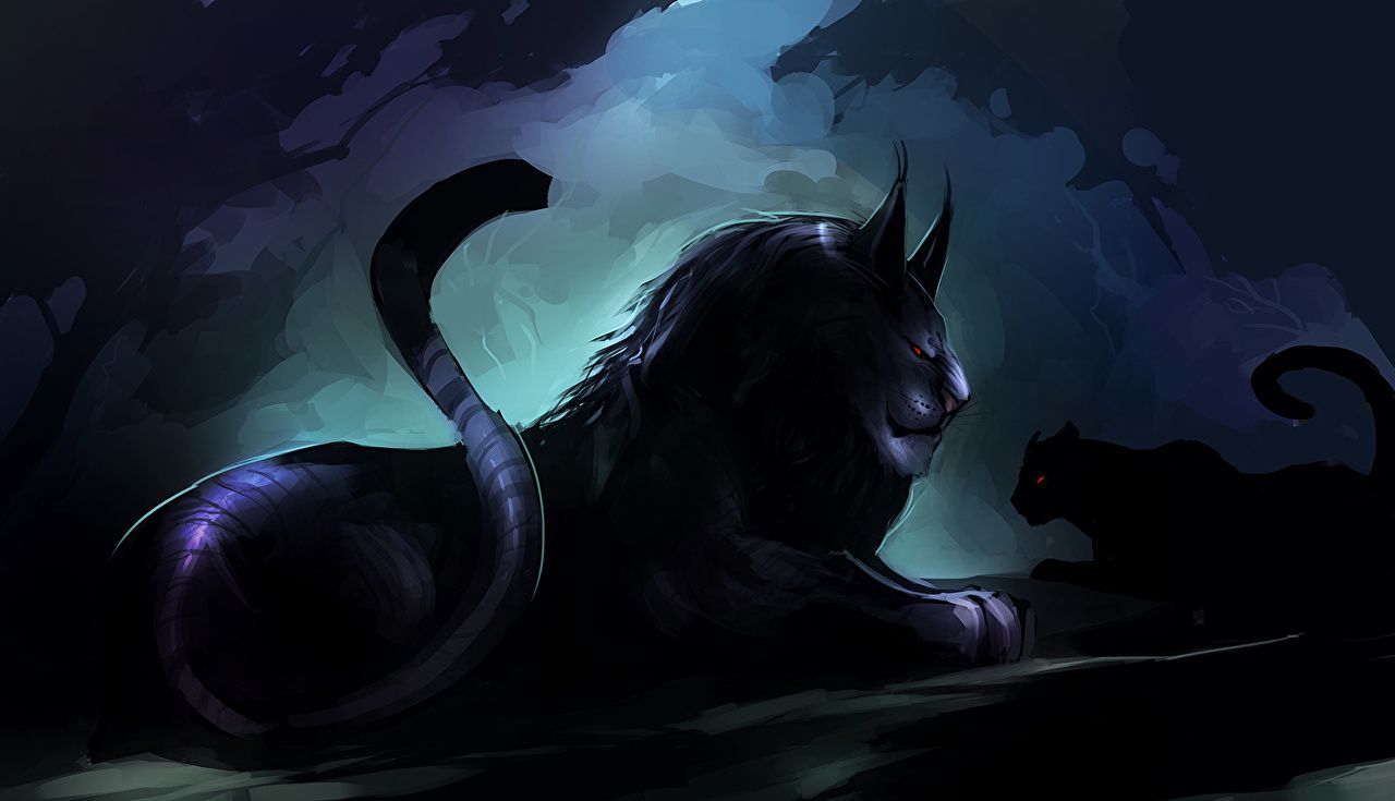 Schwarze Katzen, Gehörnte Katze, Fantasy, Dunkel, Digital Art, HD, Desktop-Hintergrund