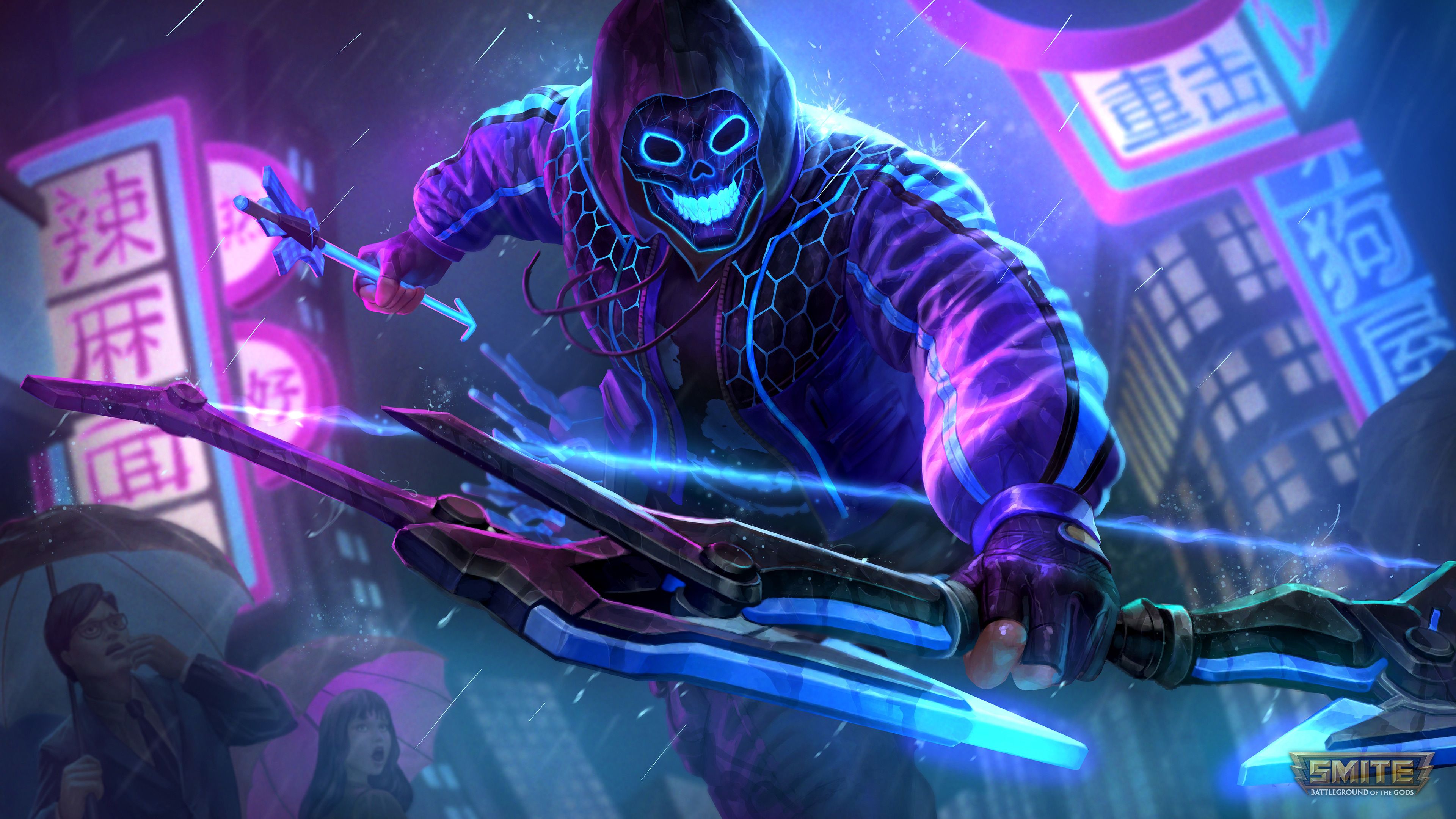 Smite, Kapuze, Maske, Neon, Cyberpunk, Stadt, 4K, Hintergrundbild für den PC