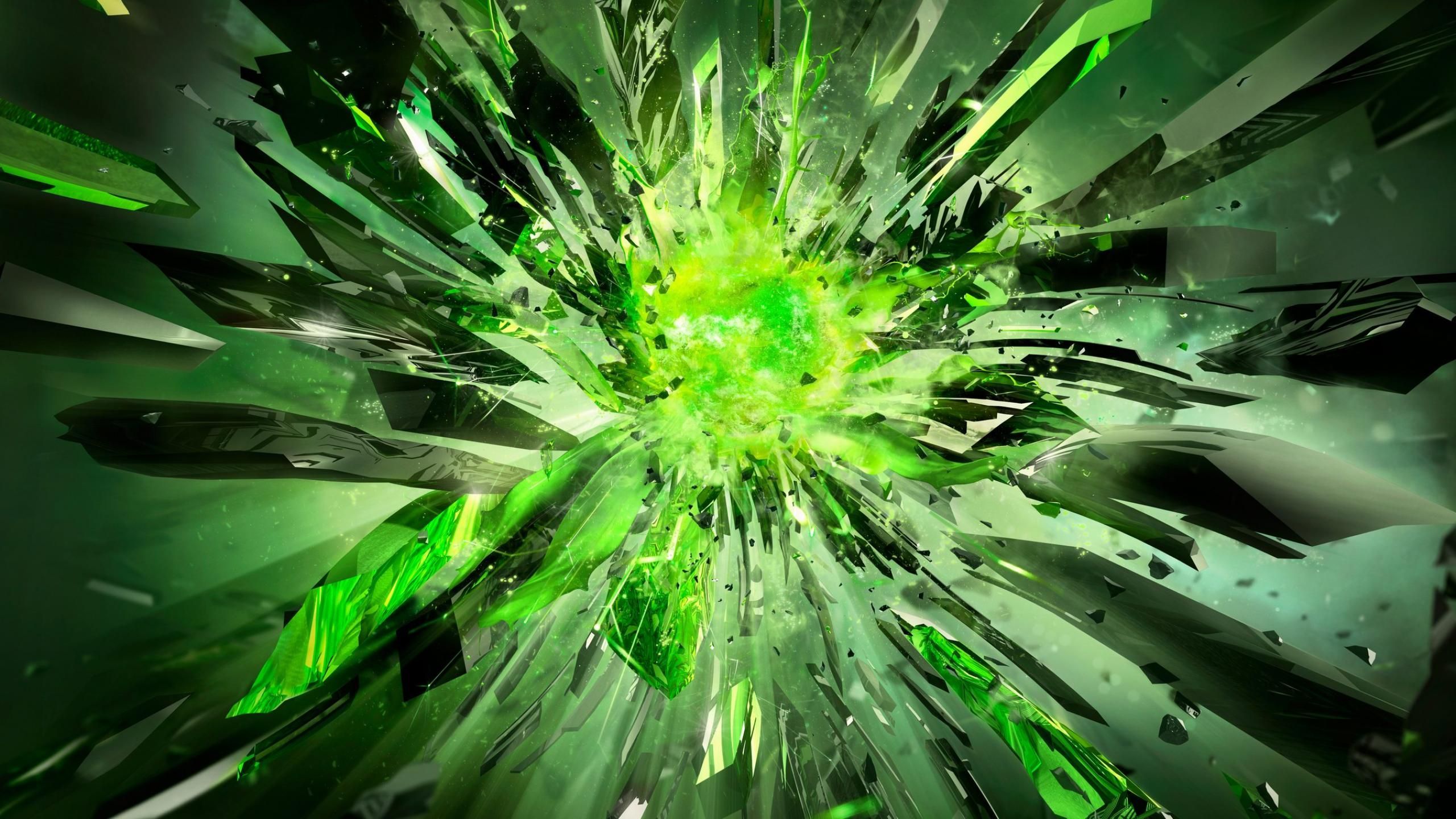 Explosion, Splitter, Grün, Energie, Abstrakt, 16:9, 2K-Hintergrundbild für den Desktop