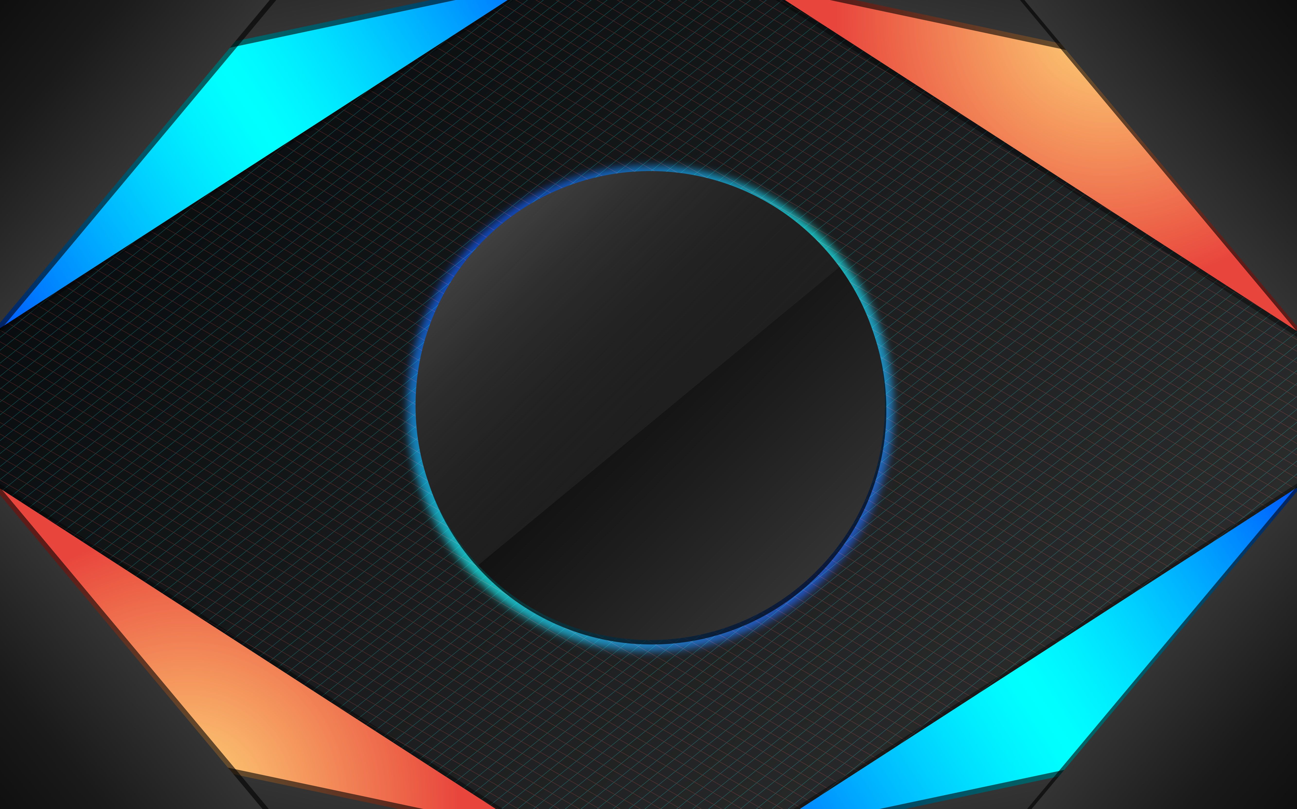 Karbon-Textur, Kreis, Blau, Orange, Rahmen, 5K, Hintergrund für den Desktop