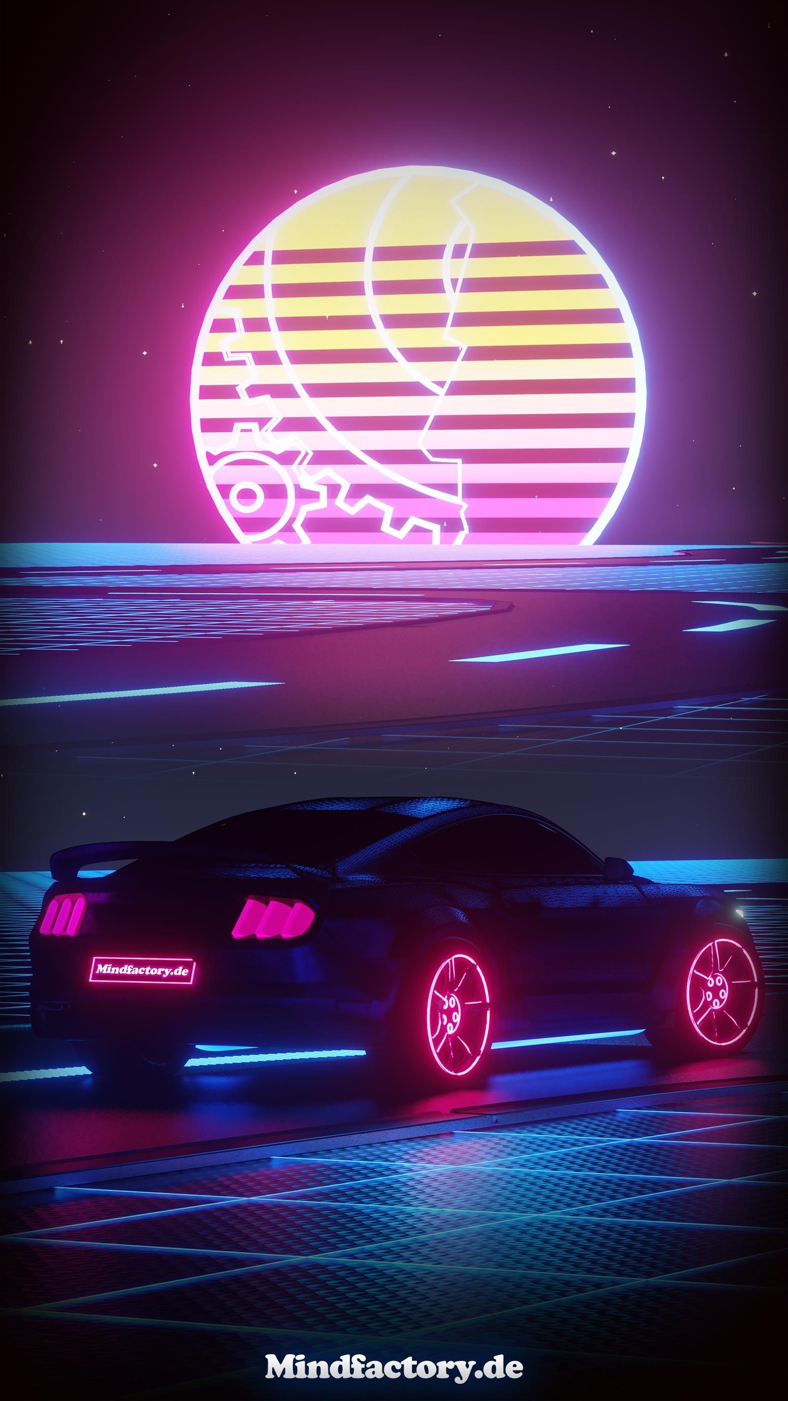 Retrowave, Sportwagen, Sonnenuntergang, Neon, Mindfactory, QHD+, Handy-Hintergrund