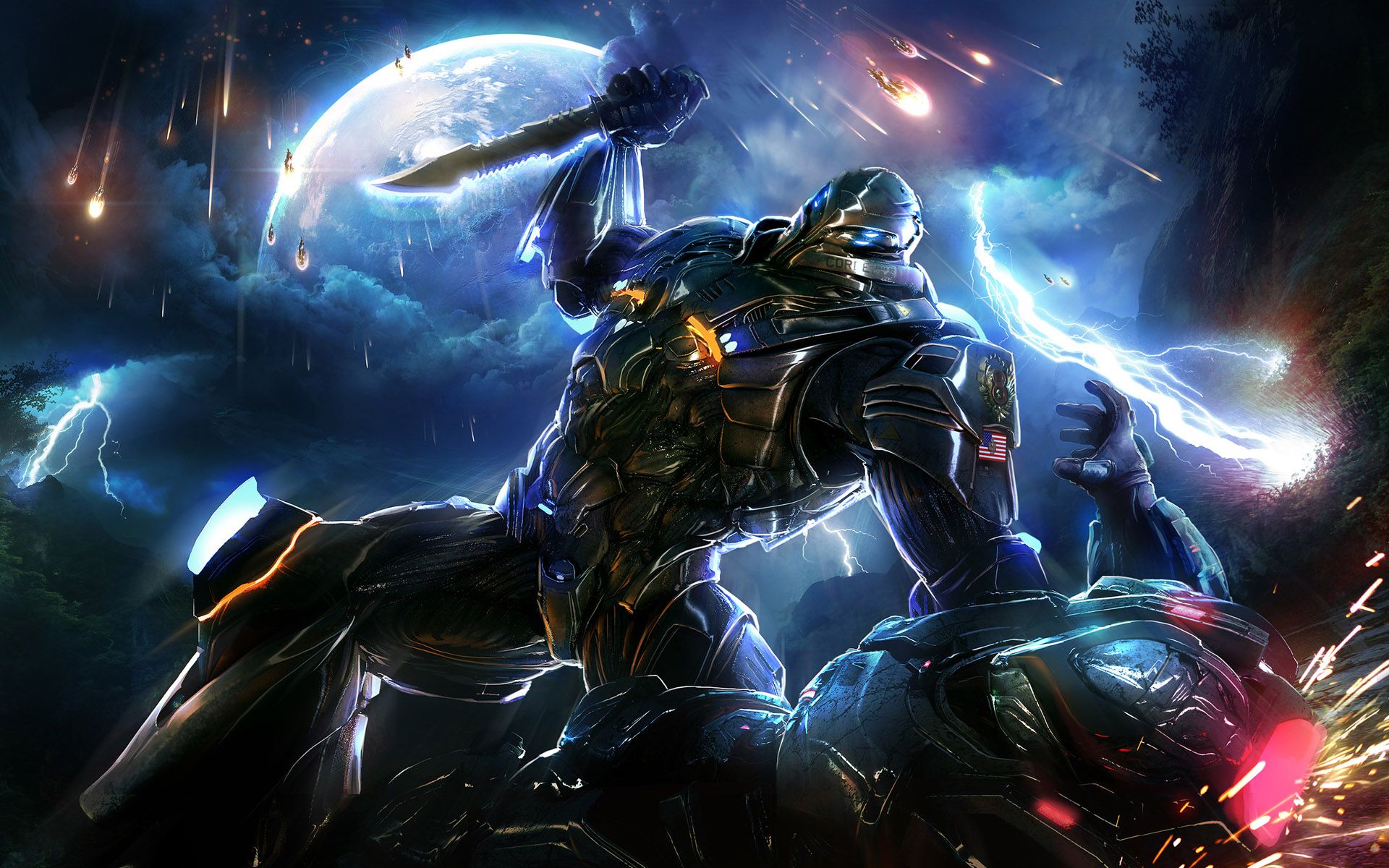 Krieger, Rüstung, Blitze, Kampf, Fantasy, Mond, 16:10, Full-HD-Hintergrundbild für den Desktop