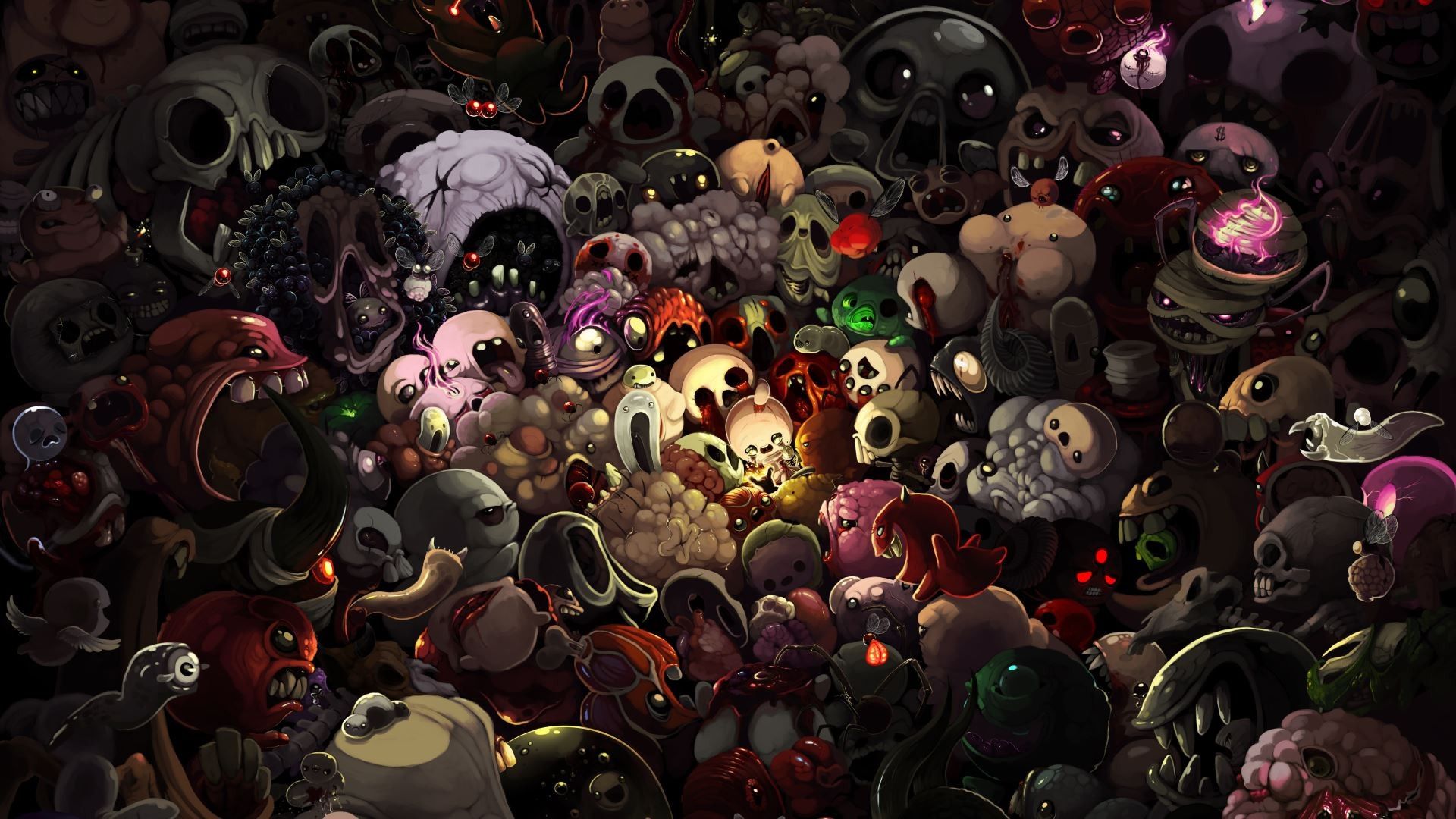 The Binding of Isaac, Spielfiguren, Wimmelbild, Dunkel, Monster, 1920x1080, Desktop-Hintergrund