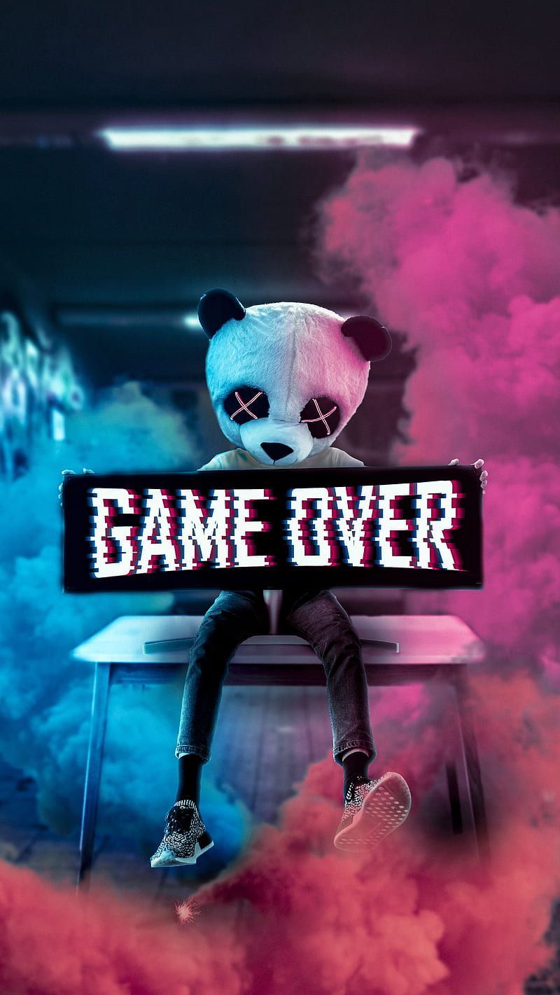 Panda-Maske, Game Over, Schild, Rauch, Pink-Blau, HD, Hintergrundbild fürs Handy