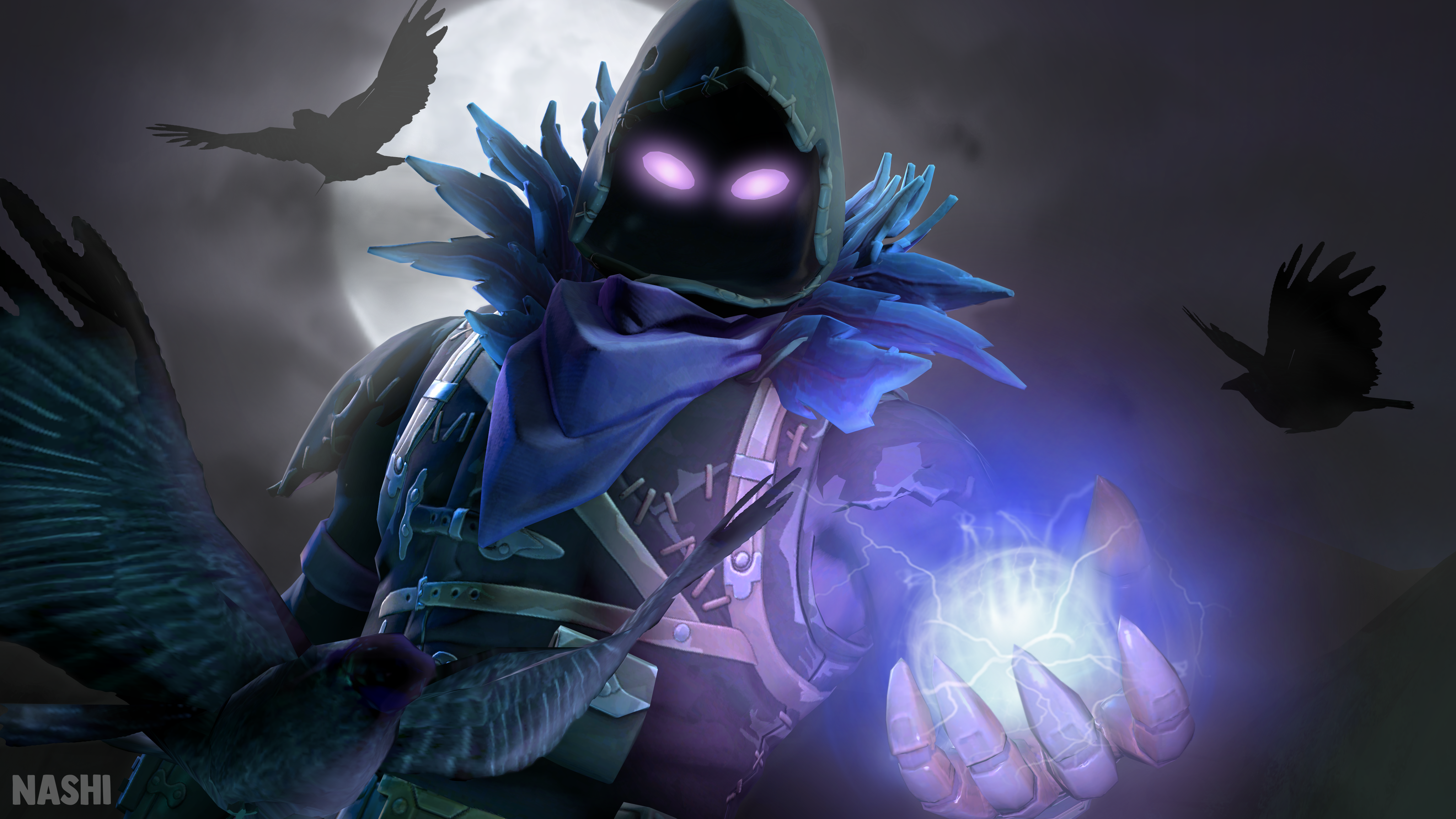 Raven, Fortnite, Kapuze, Raben, Leuchtende Augen, Mond, 4K, Desktop-Hintergrund für Windows