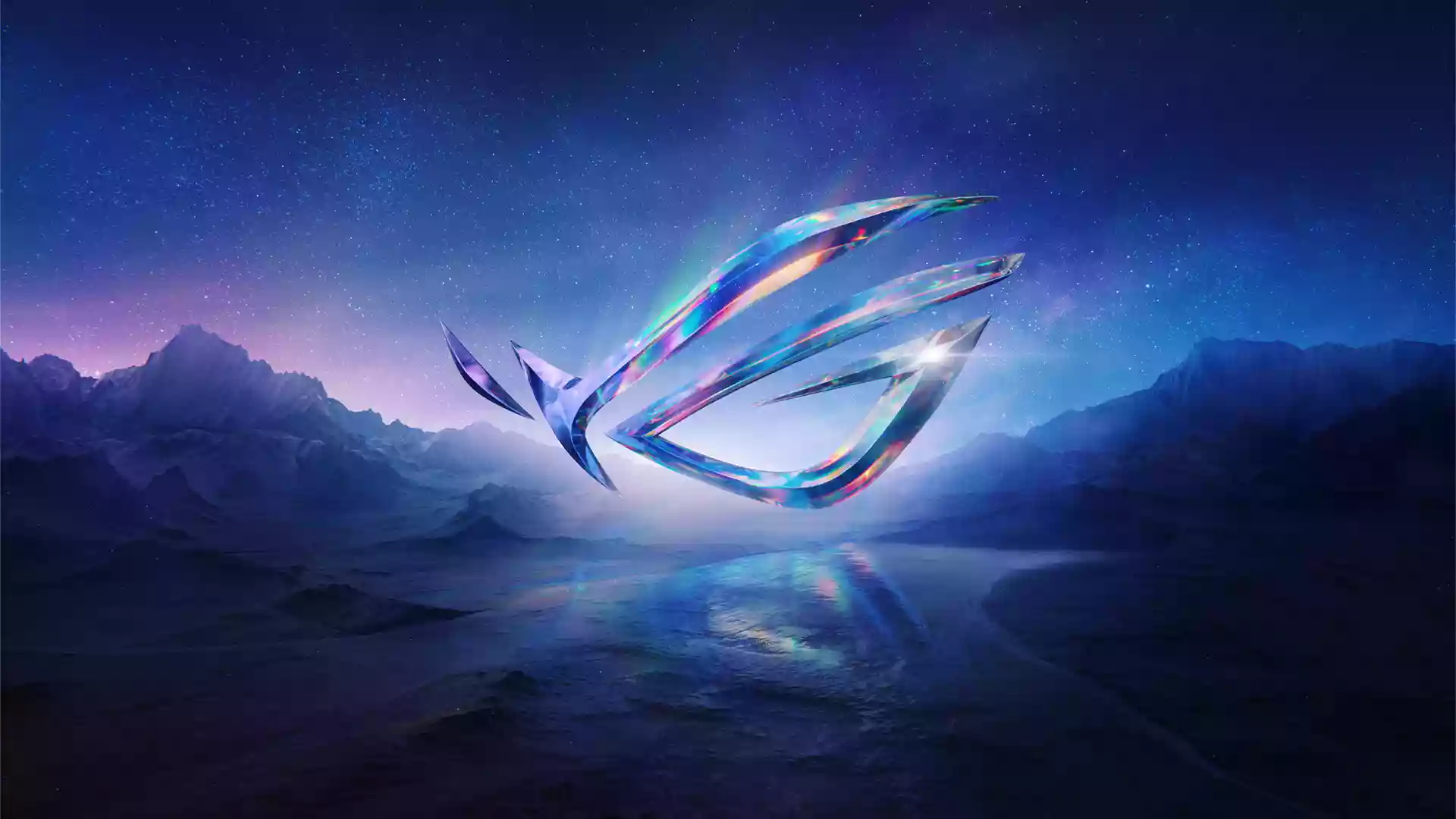 ASUS ROG, Logo, Berge, Spiegelung, Blau, Holografisch, 16:9, Full-HD-Hintergrundbild für den Desktop