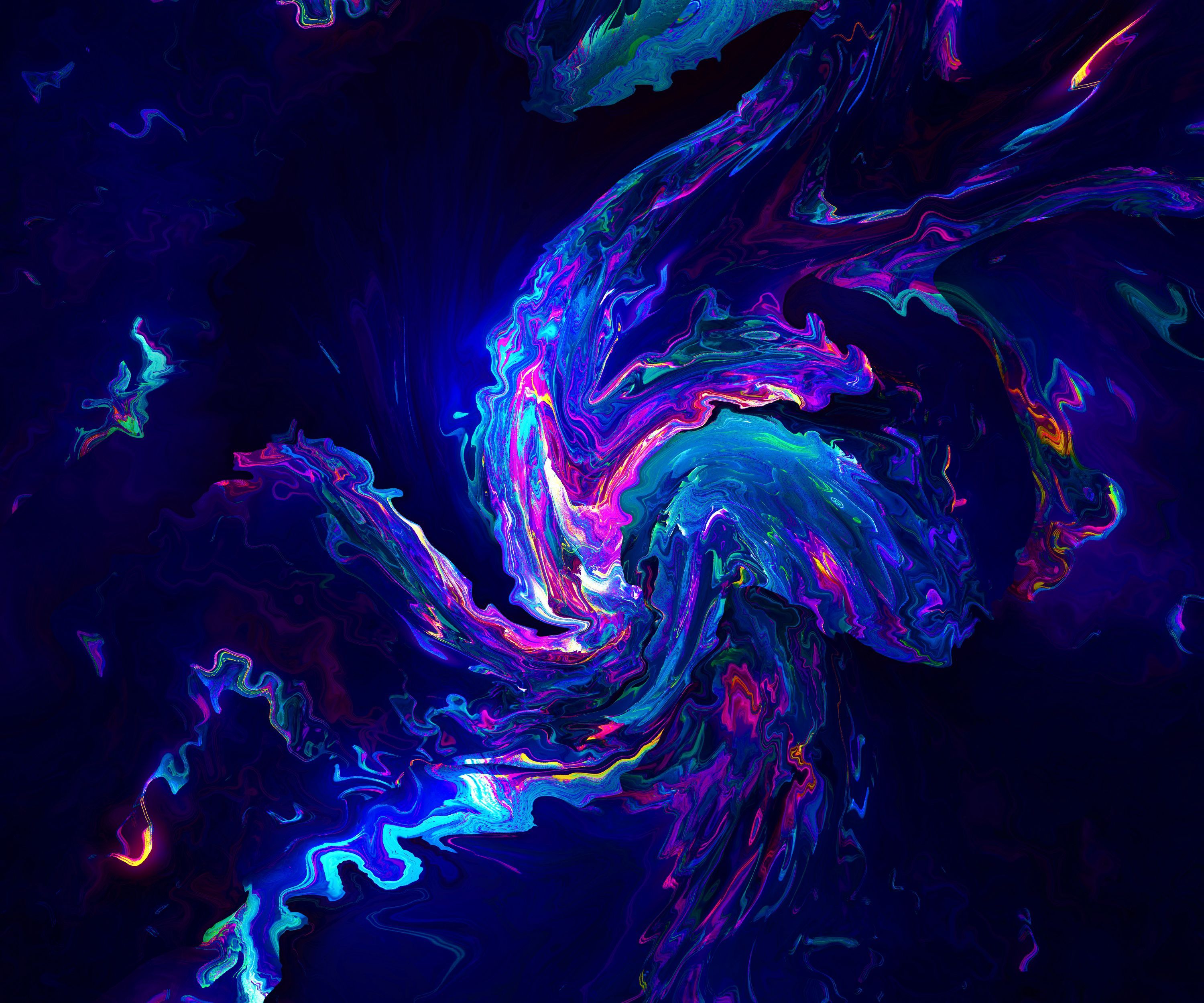 Flüssige Farben, Wirbel, Neon, Blau, Abstrakt, 2K, Hintergrund für den Desktop
