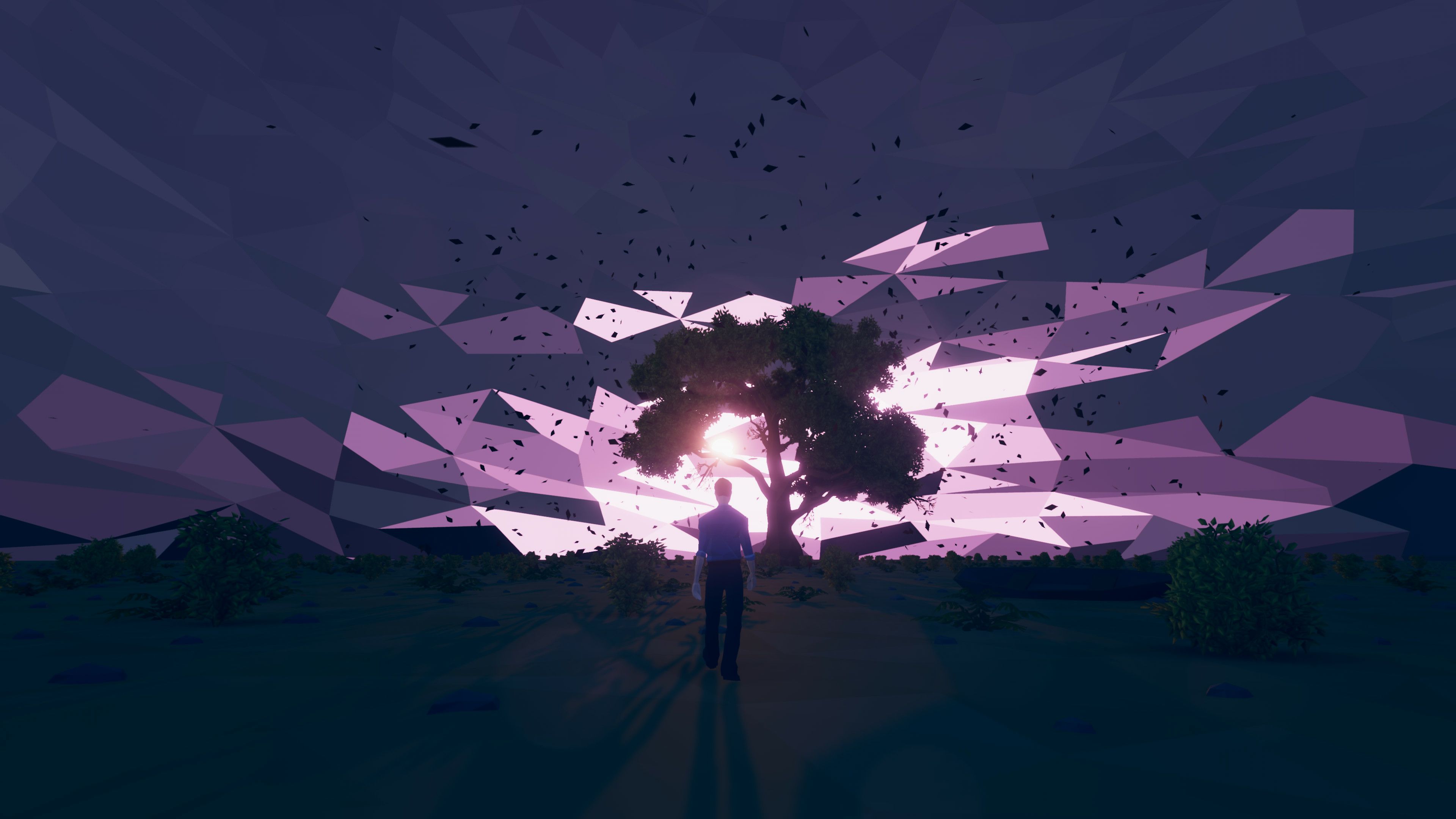 Baum, Silhouette, Mann, Low Poly, Lila Himmel, Vögel, 3840x2160, 4K-Hintergrundbild für PC