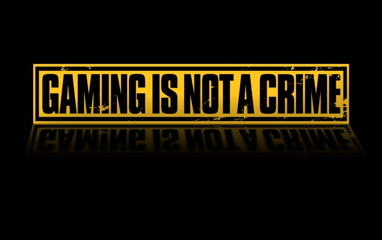Gaming is not a crime, Schriftzug, Gelb, Schwarzer Hintergrund, Spiegelung, HD Wallpaper