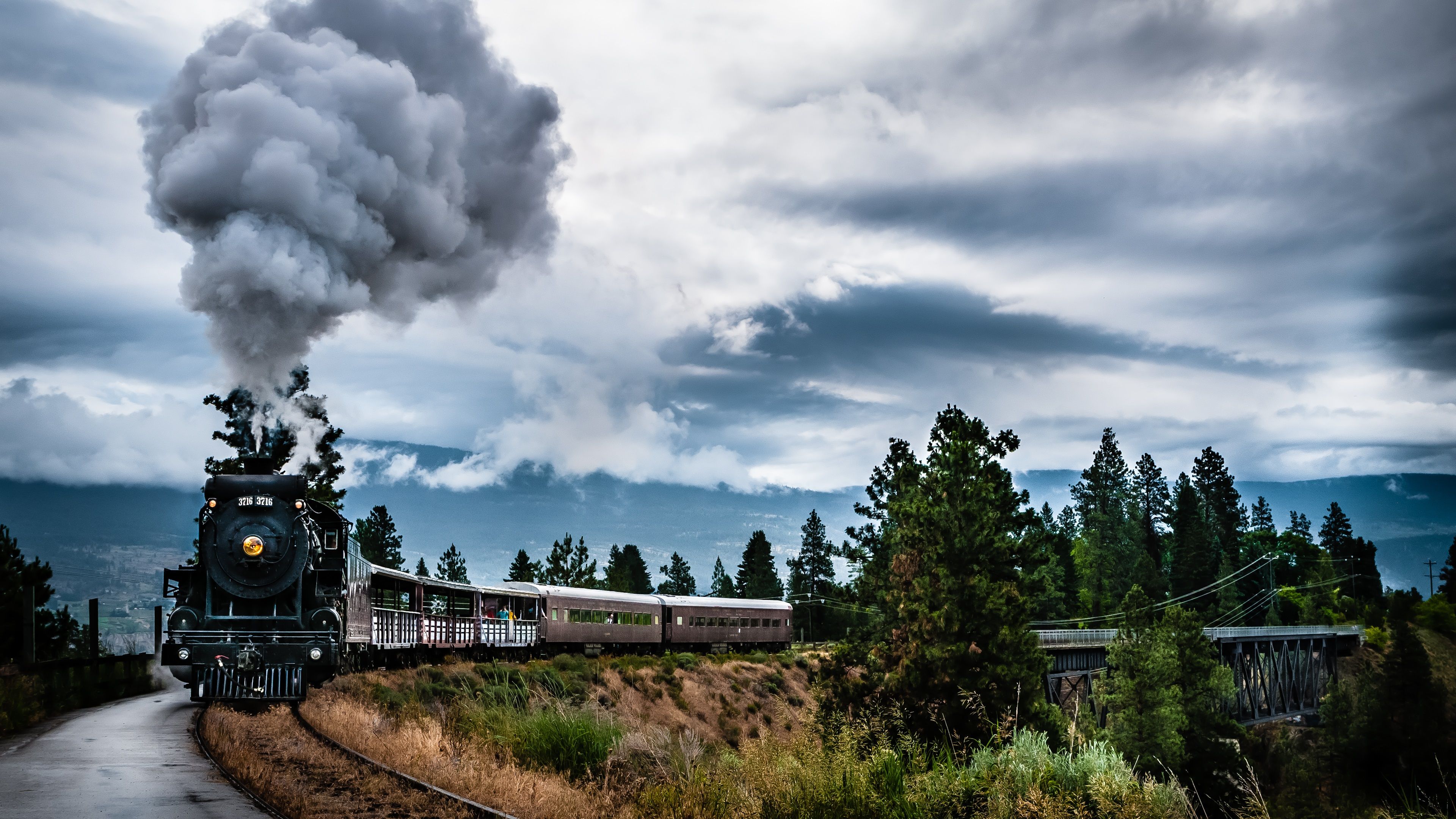 Dampfzug, Rauchwolke, Wolkenhimmel, Nadelwald, Landschaft, 4K-Hintergrundbild für PC
