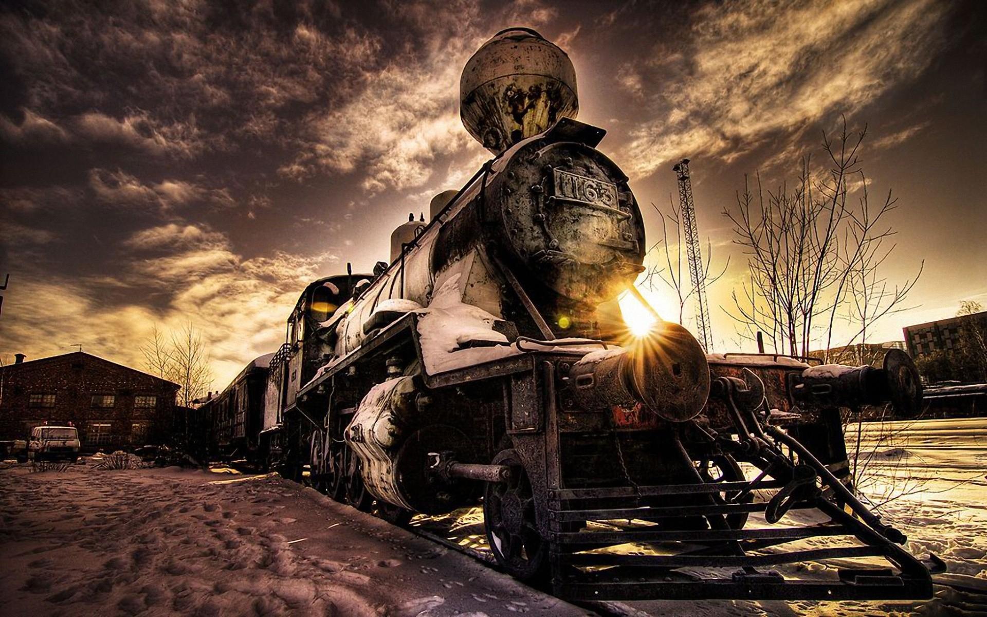Dampflok, Sonnenuntergang, Dramatischer Himmel, HDR, Steampunk-Stimmung, Full HD, Breitbild-Hintergrundbild
