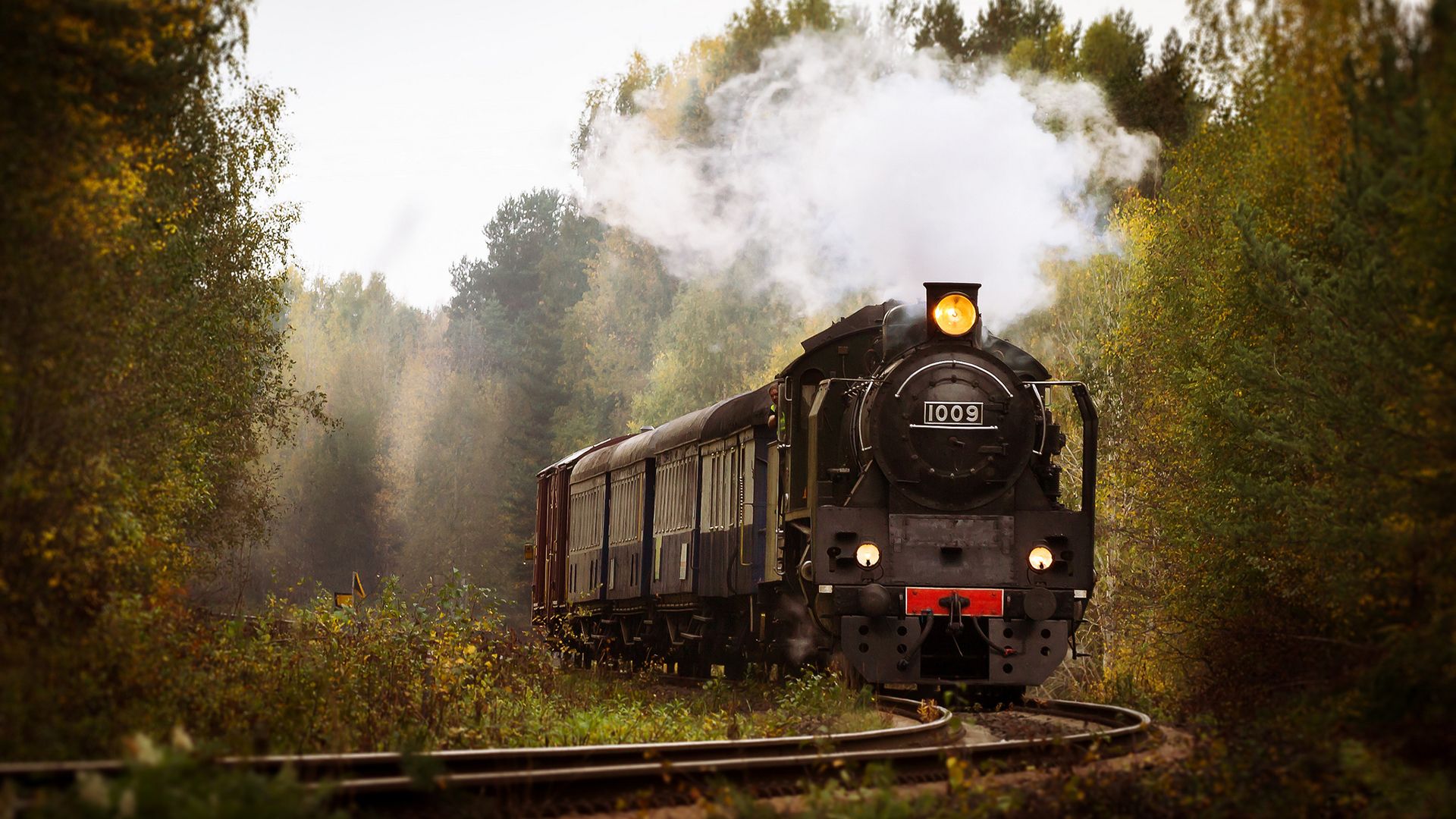 Dampfzug, Herbstwald, Kurve, Spitzenlicht, Nebel, Full HD, Desktop-Hintergrund für Windows