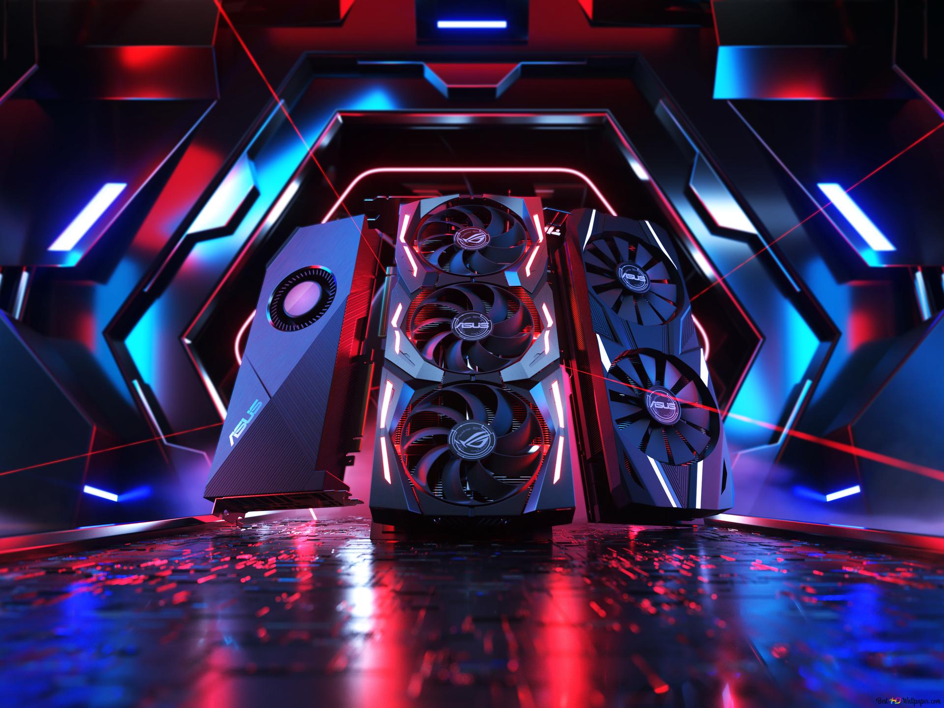 Grafikkarte, Gaming-PC, Neon, Rot-Blau, 3D, Full HD, Hintergrundbild fürs Tablet