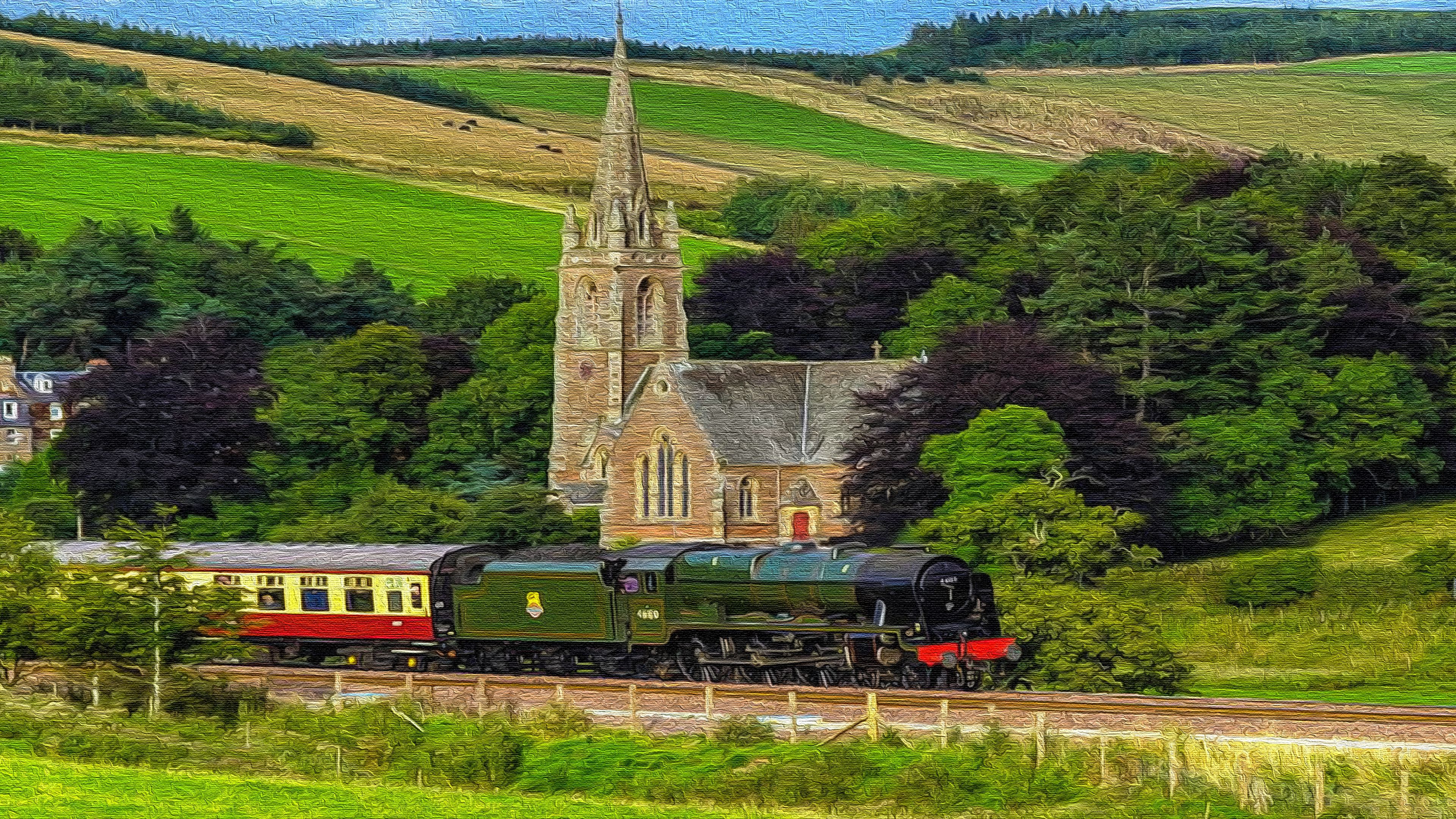 Britische Dampflok, Personenzug, Kirche, Hügel, Grüne Landschaft, 4K, Desktop-Hintergrund