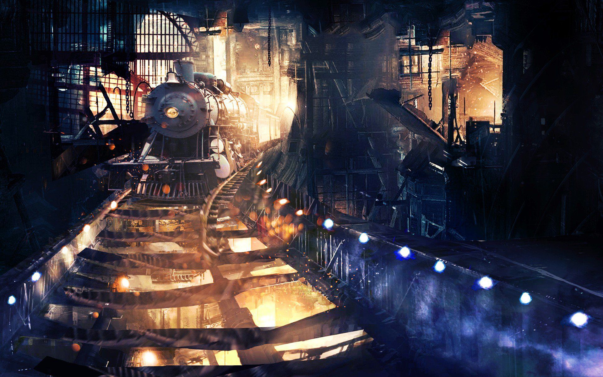 Dampflok, Fantasy, Industriehalle, Glühende Lichter, Digital Art, Full HD, Laptop-Hintergrundbild