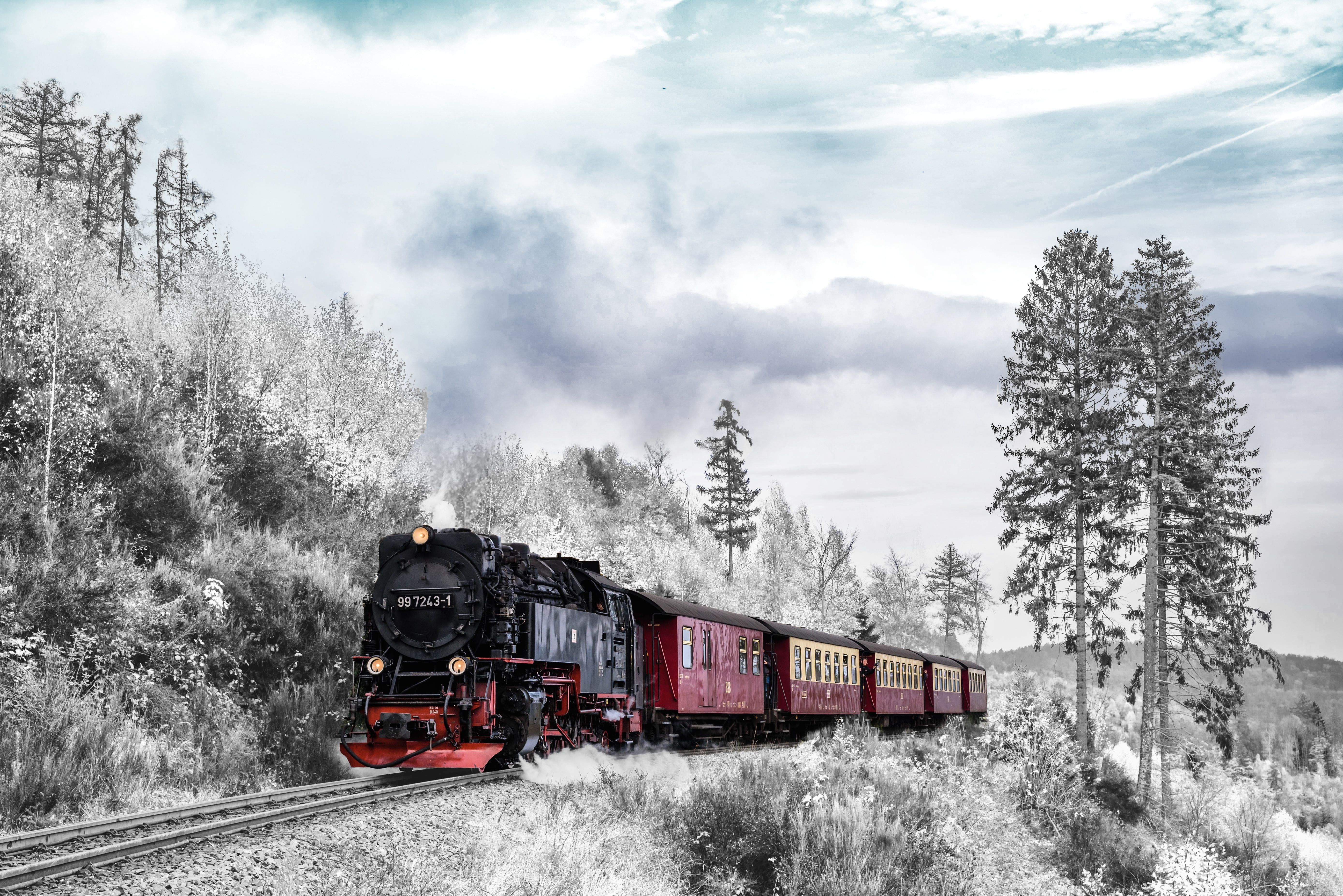 Schmalspurbahn, Winterwald, Raureif, Dampfzug, Weiß, 5K, Hintergrund für den Desktop