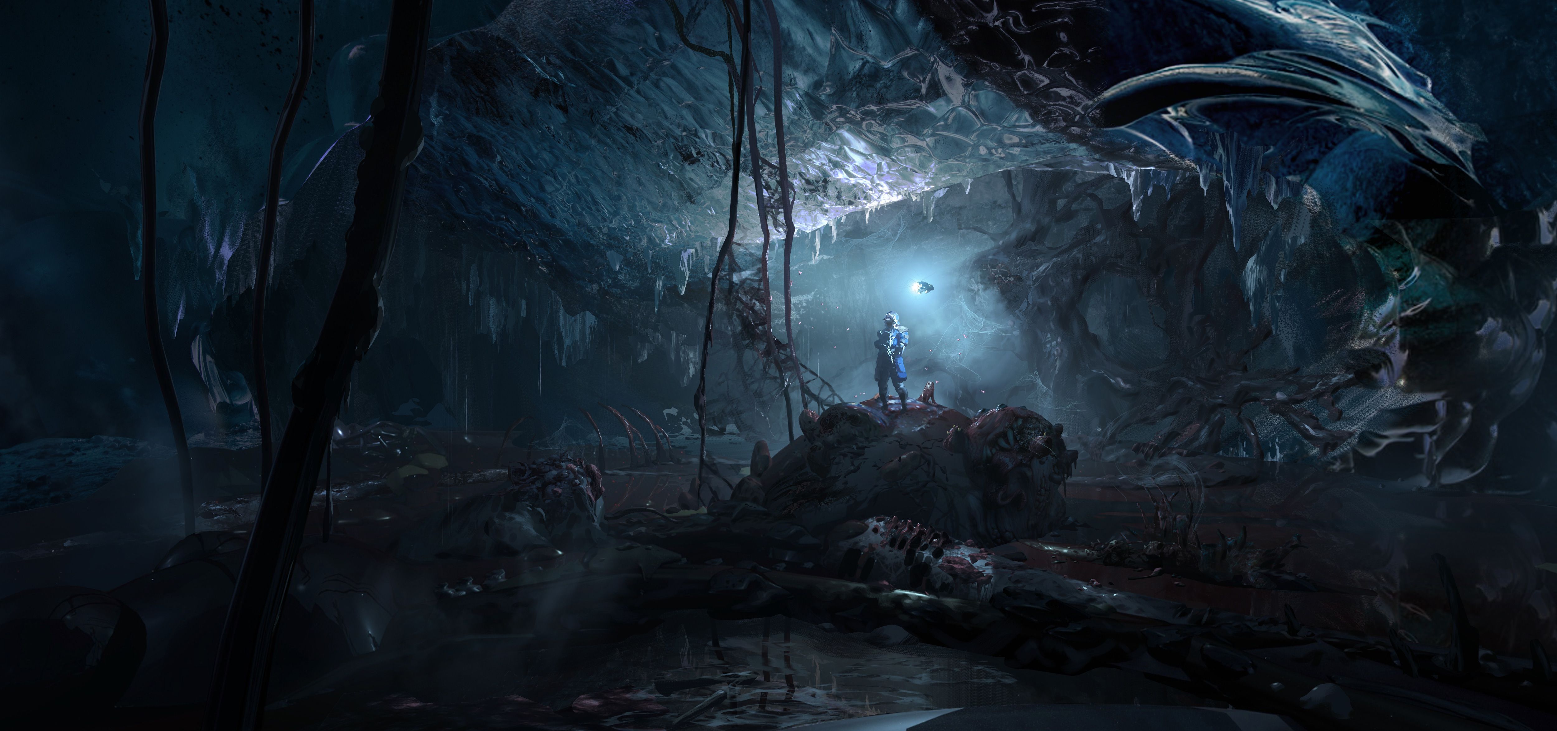 Dunkler Wald, Höhle, Nebel, Unheimlich, Blaugrau, 4K, Hintergrund für den Desktop