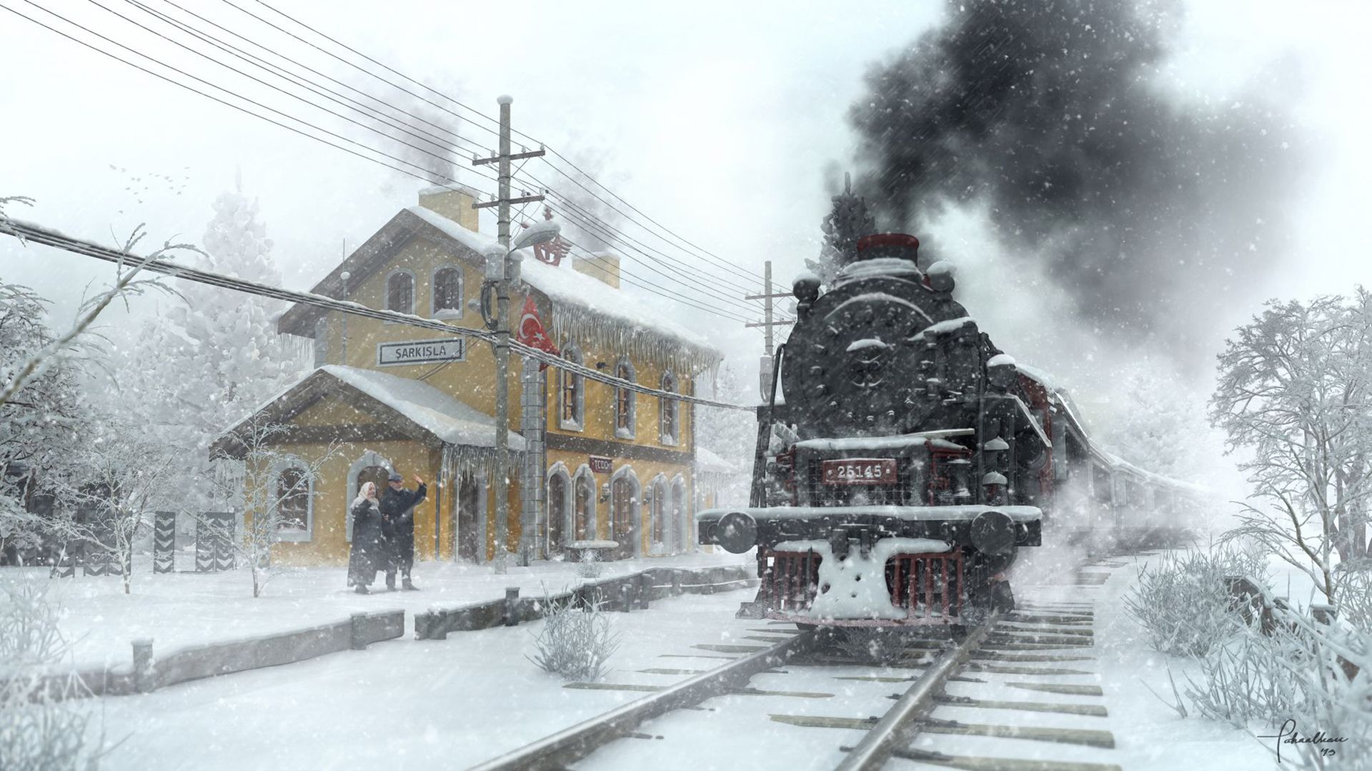 Dampflok, Schneesturm, Bahnhof, Winter, Rauch, 1920x1080, Full-HD-Hintergrundbild für PC