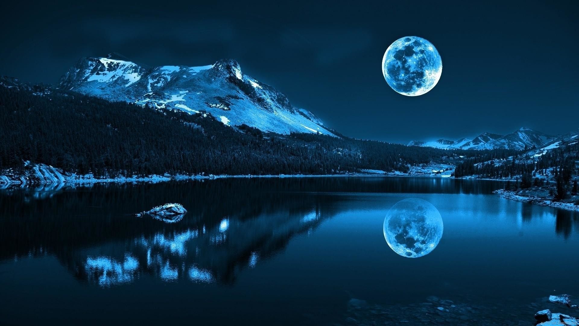 Vollmond, Bergsee, Spiegelung, Schneeberge, Nacht, Full HD 1080p, Desktop-Hintergrundbild