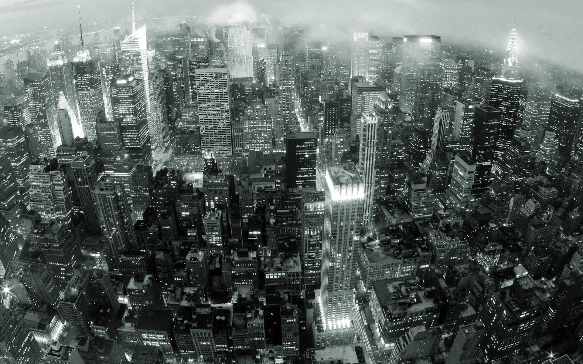 Manhattan, New York, Wolkenkratzer, Vogelperspektive, Schwarz-Weiß, Full HD, Desktop-Hintergrund