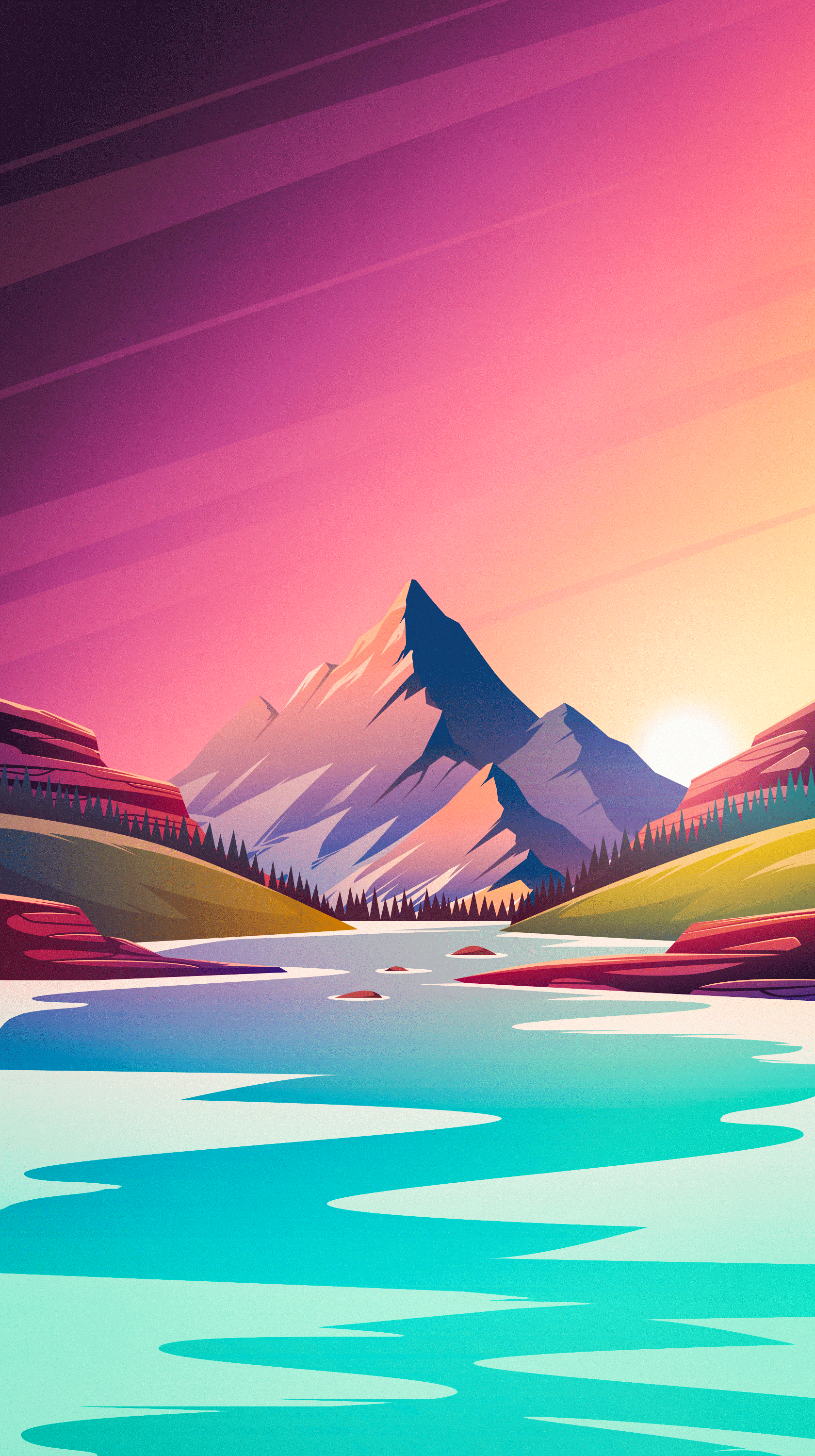 Berglandschaft, Illustration, Fluss, Sonnenuntergang, Pink-Lila, QHD+, Handy-Hintergrund