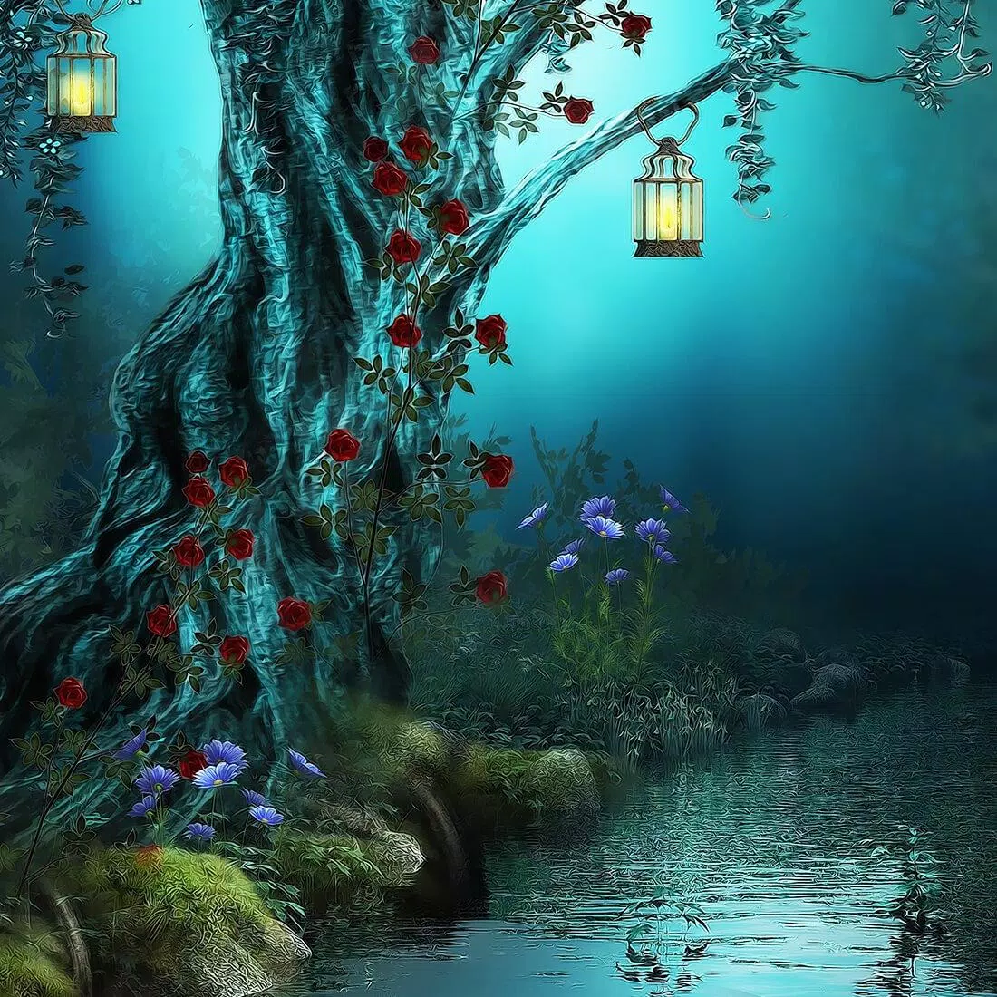Märchenwald, Laternen, Alter Baum, Bach, Fantasy, Rosen, Hintergrundbild fürs Tablet