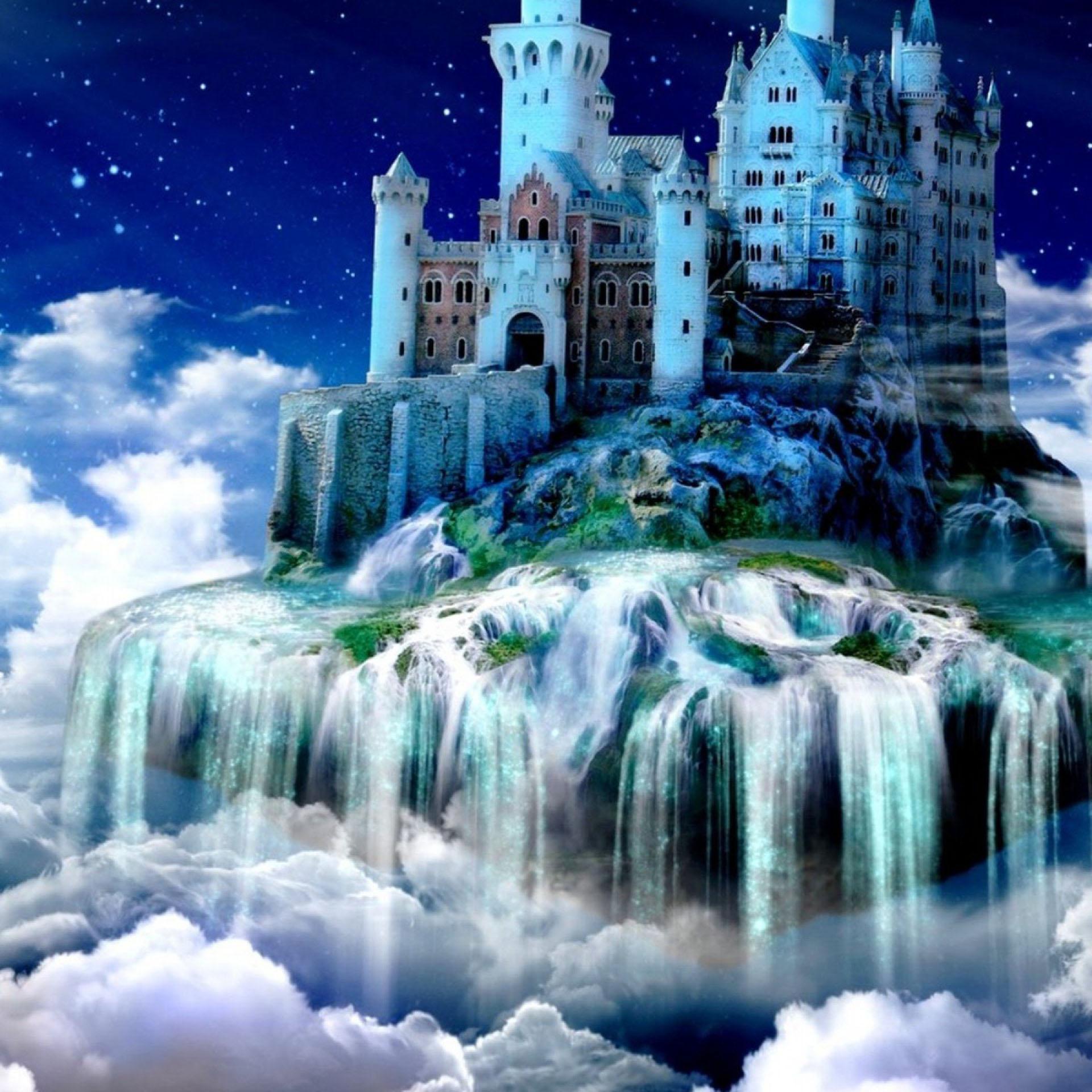 Fantasy-Schloss, Wasserfall, Wolken, Nachthimmel, Märchen, Full HD, Tablet-Hintergrund