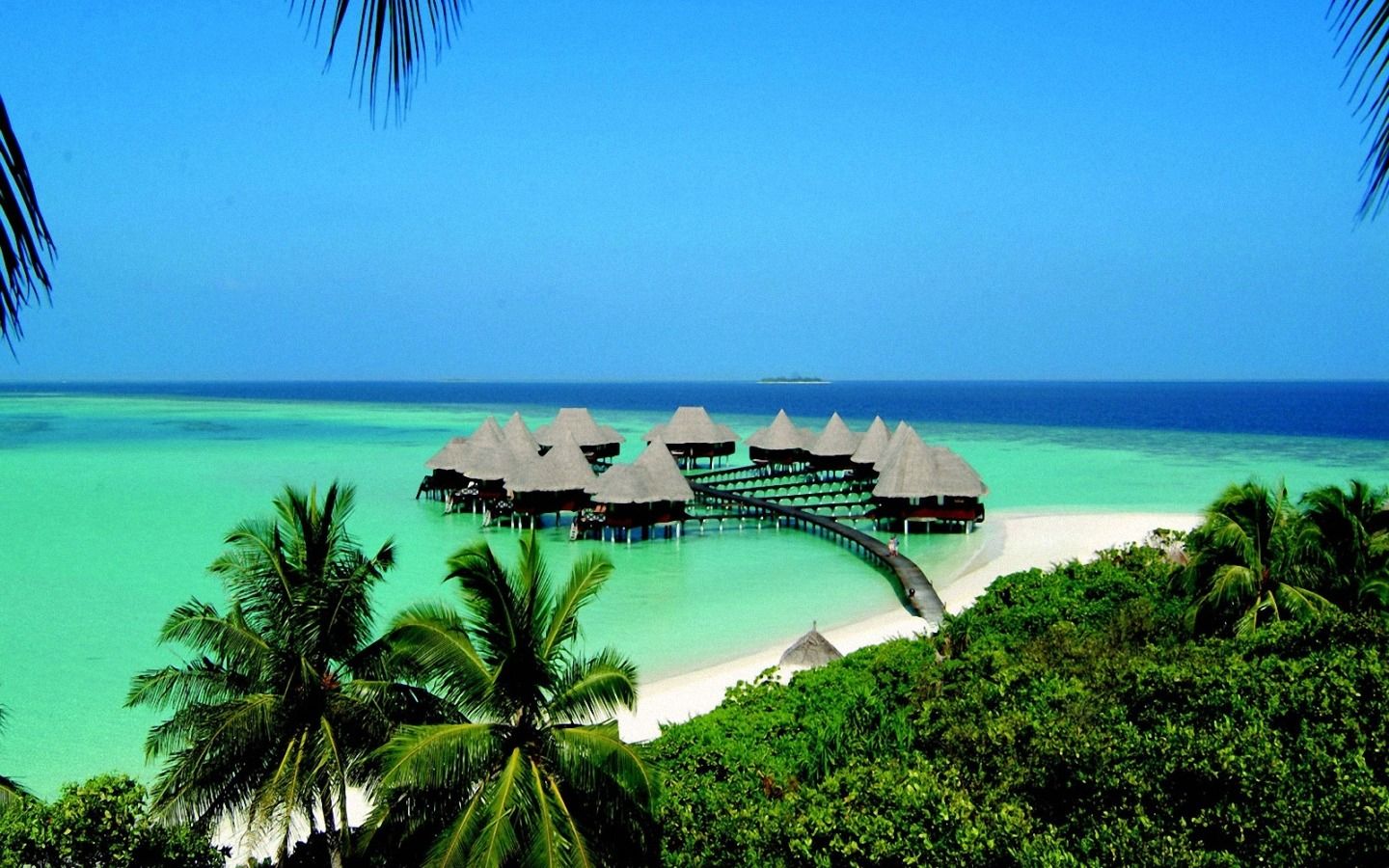 Malediven, Wasserbungalows, Türkises Meer, Palmen, Tropeninsel, Strand, HD, Windows-Hintergrundbild