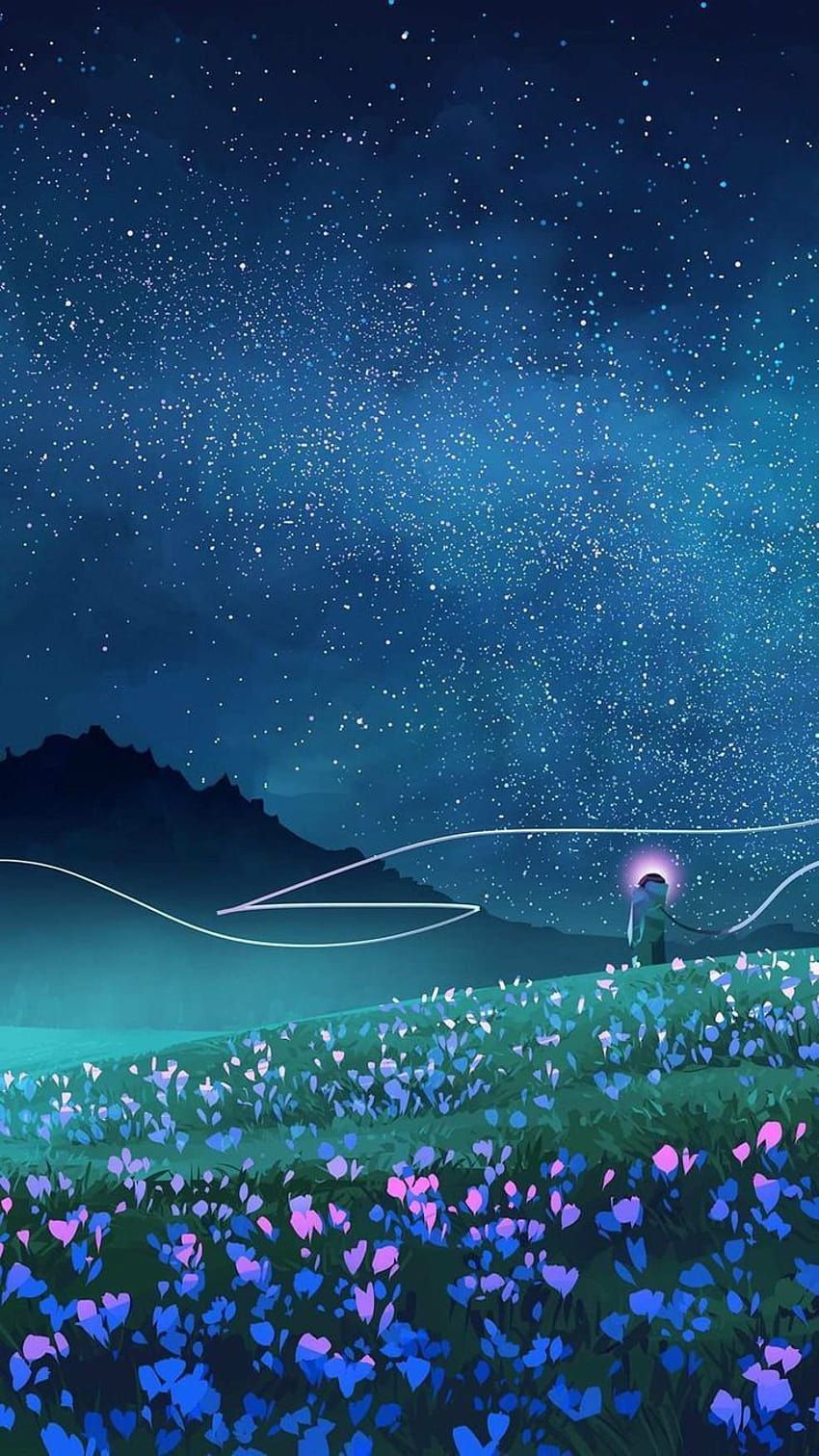 Blumenwiese, Sternenhimmel, Nacht, Blaue Blumen, Digitale Kunst, HD, Handy-Hintergrundbild