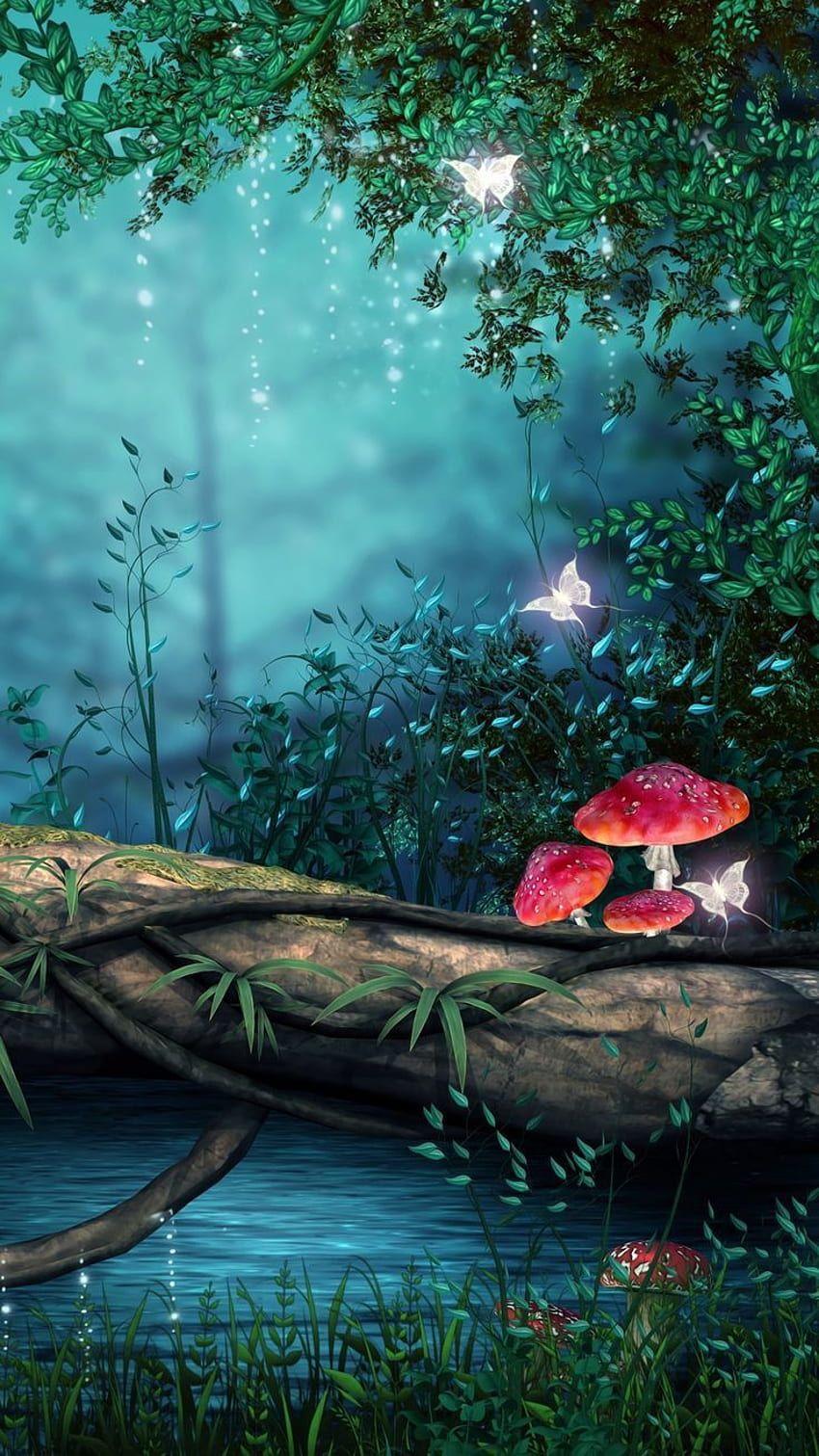 Märchenwald, Fliegenpilze, Baumstamm, Schmetterlinge, Fantasy, HD, iPhone-Hintergrundbild