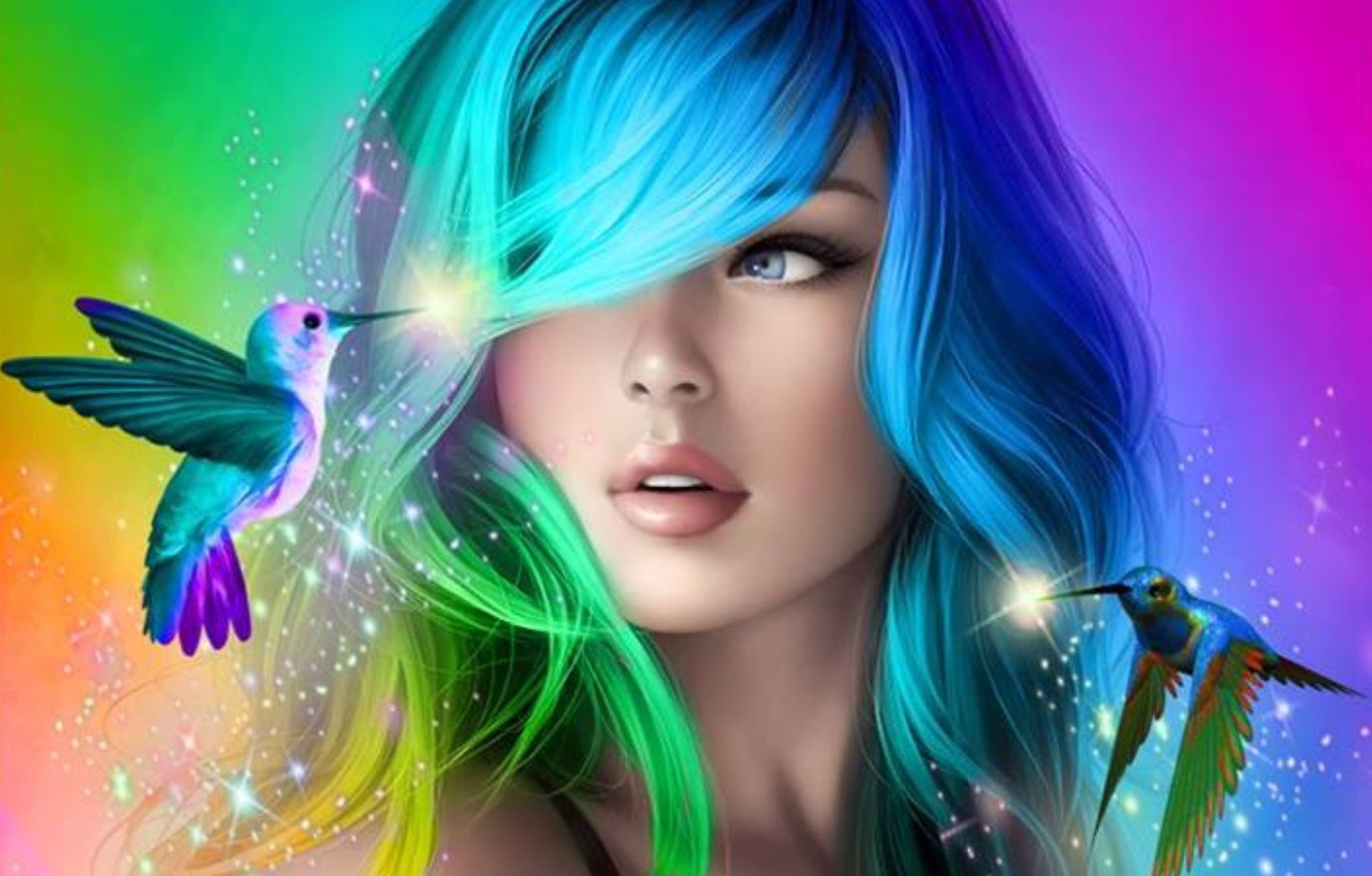 Frau, Kolibris, Regenbogenfarben, Bunte Haare, Digitale Kunst, 2K, PC-Hintergrundbild