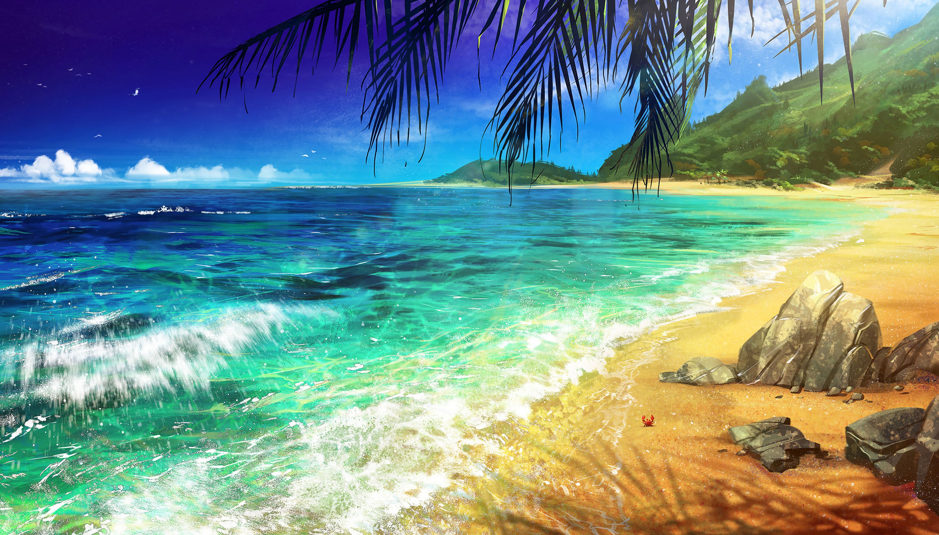 Tropenstrand, Palmen, Wellen, Gemälde, Küste, 2K, Desktop-Hintergrund für Windows