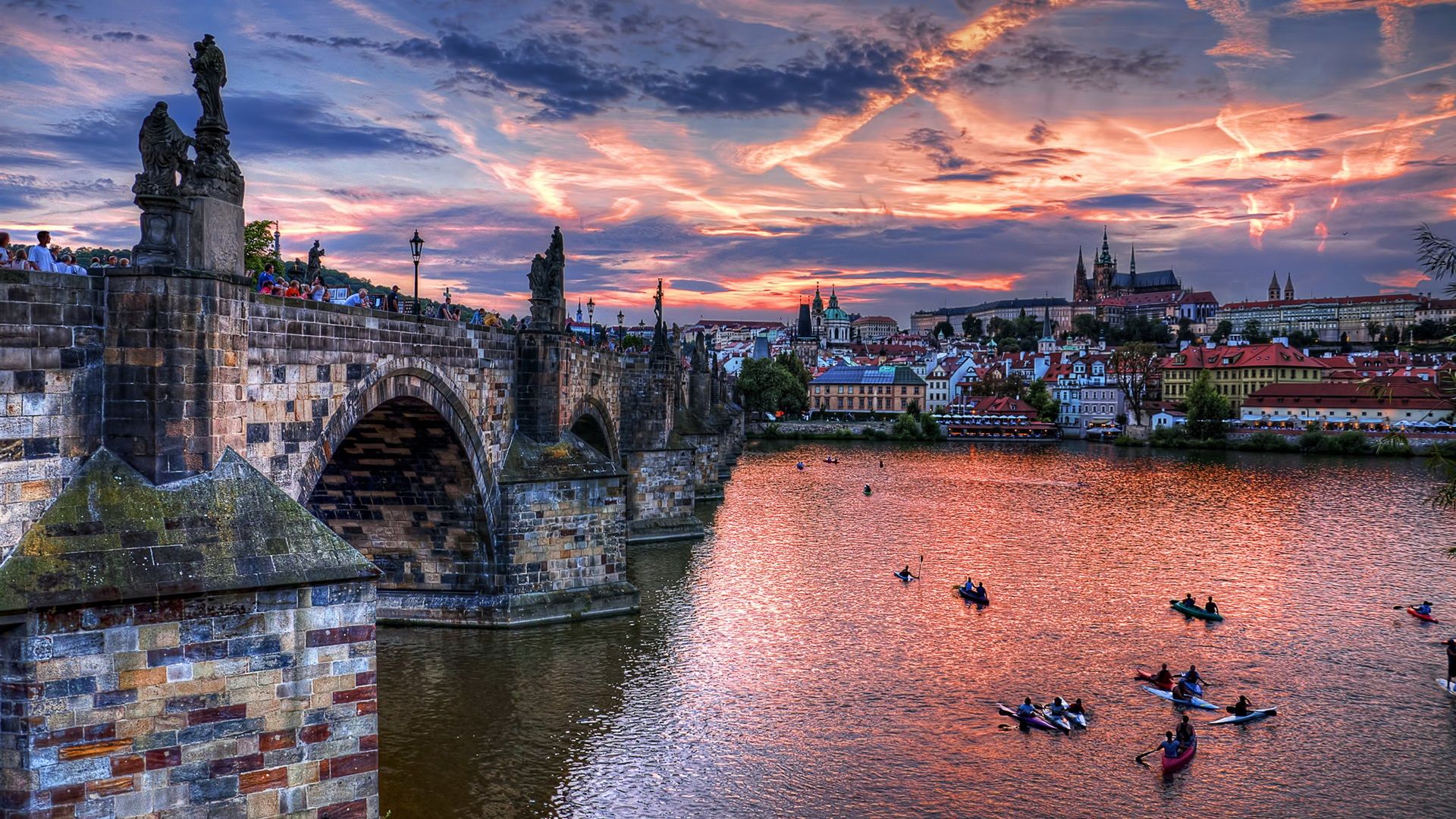 Karlsbrücke, Prag, Moldau, Prager Burg, Tschechien, Sonnenuntergang, 1920x1080, Desktop-Hintergrund