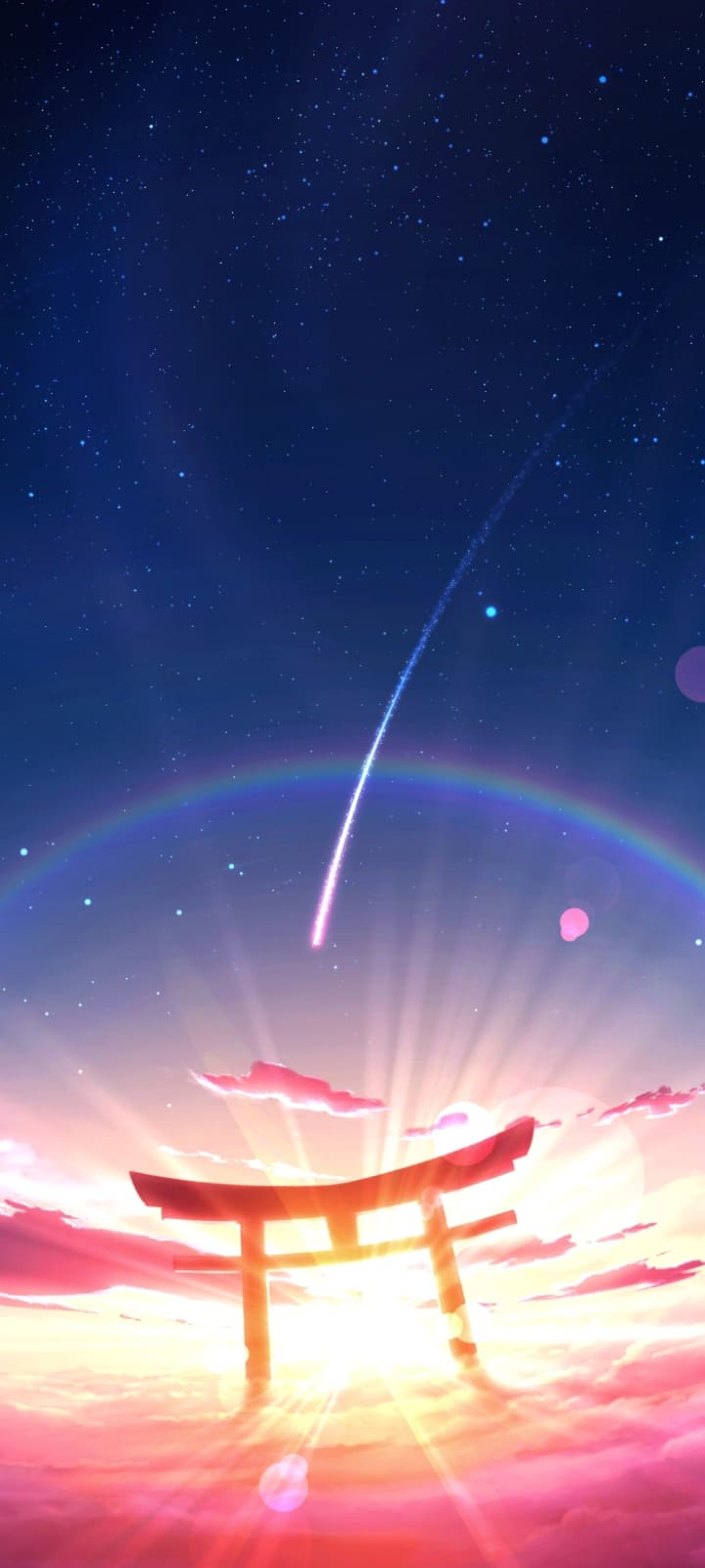 Torii, Komet, Nachthimmel, Anime-Stil, Leuchtend, HD, Hintergrundbild fürs Handy