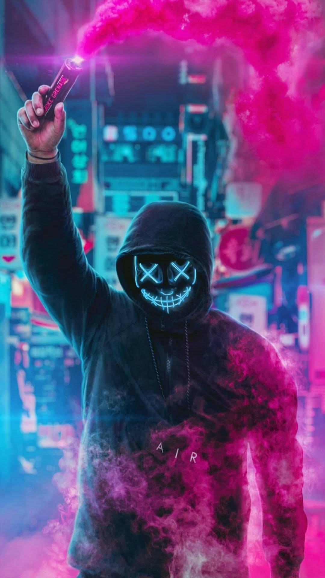 Neon-Maske, Kapuzenpullover, Neonlicht, Rauch, Pink, Cyberpunk, 1080x1920, Handy-Hintergrund