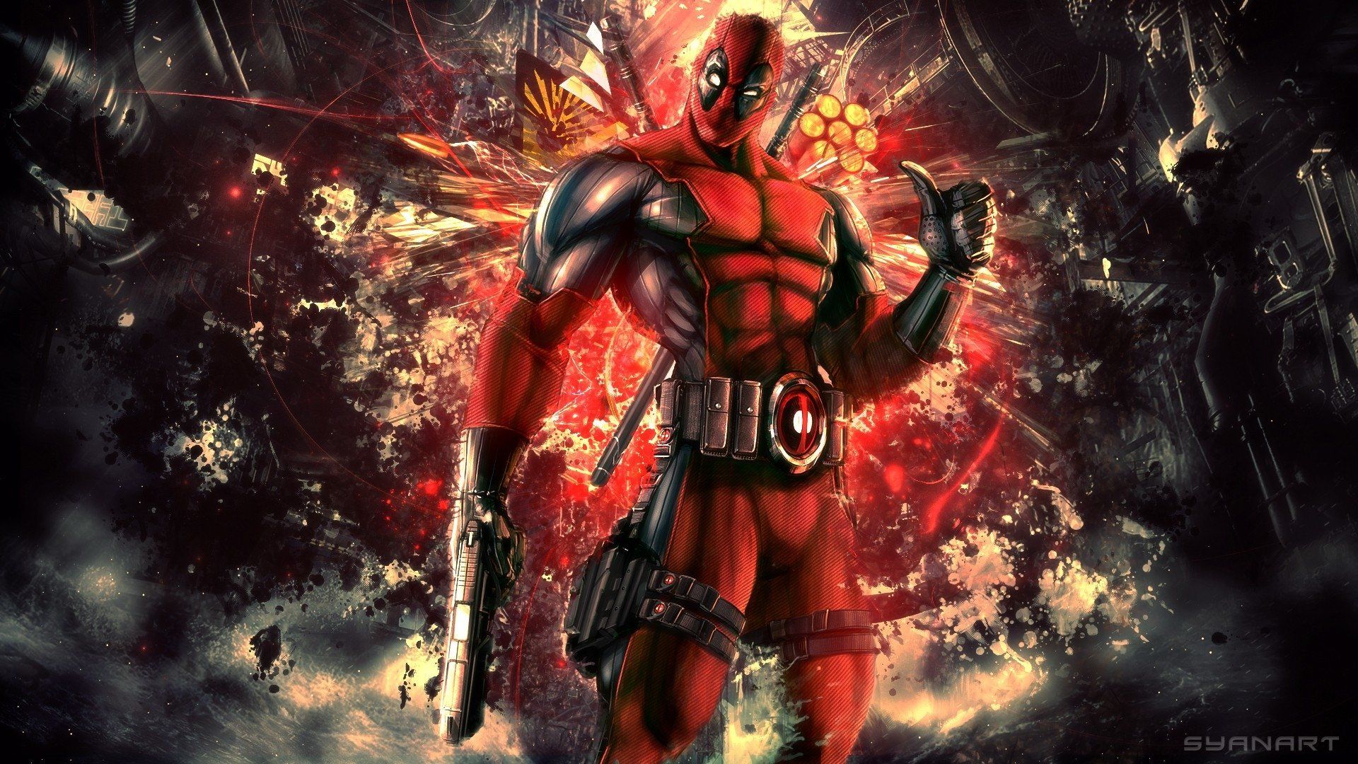 Deadpool, Marvel, Pistolen, Explosion, Digitale Kunst, Rot, Full-HD-Hintergrundbild für PC