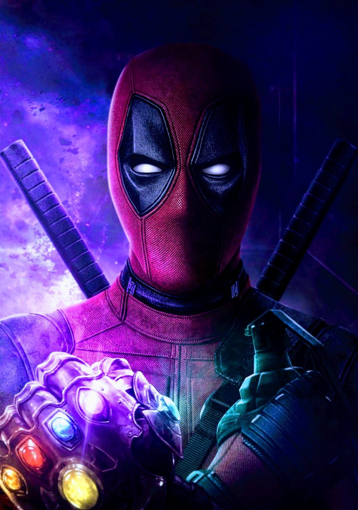Deadpool, Infinity-Handschuh, Maske, Lila Licht, Fan-Art, Hintergrundbild fürs iPad