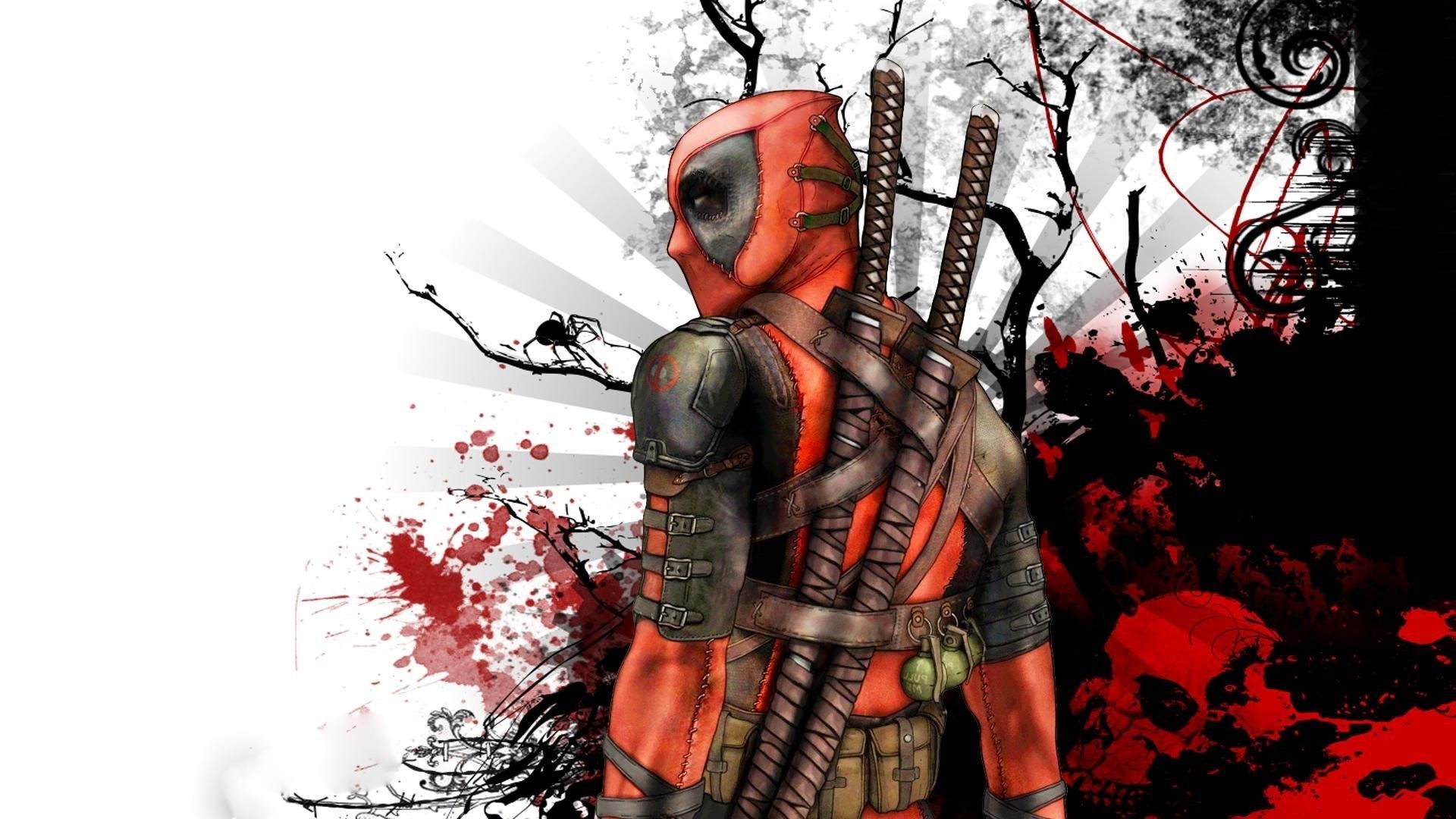 Deadpool, Katanas, Blutspritzer, Totenkopf, Rückansicht, Grafik, Full HD, Laptop-Hintergrundbild