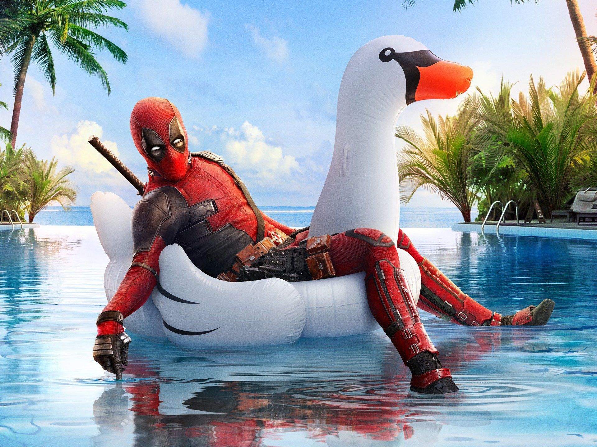 Deadpool, Schwimmreifen, Schwan, Pool, Palmen, Urlaub, Hintergrundbild für iPad und Tablet
