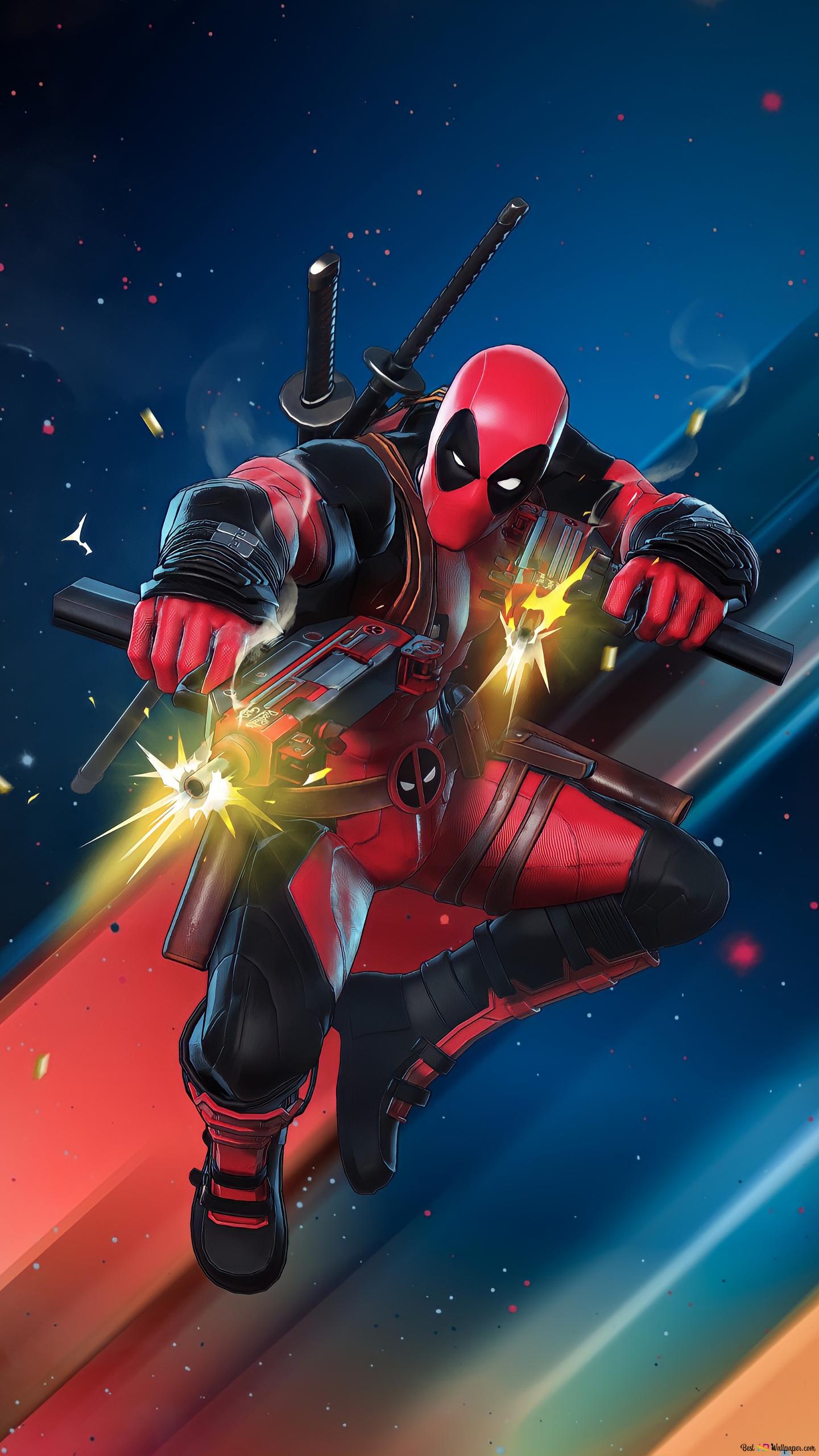 Deadpool, Sprung, Pistolen, Comic-Stil, Action, QHD+, Handy-Hintergrund im Hochformat